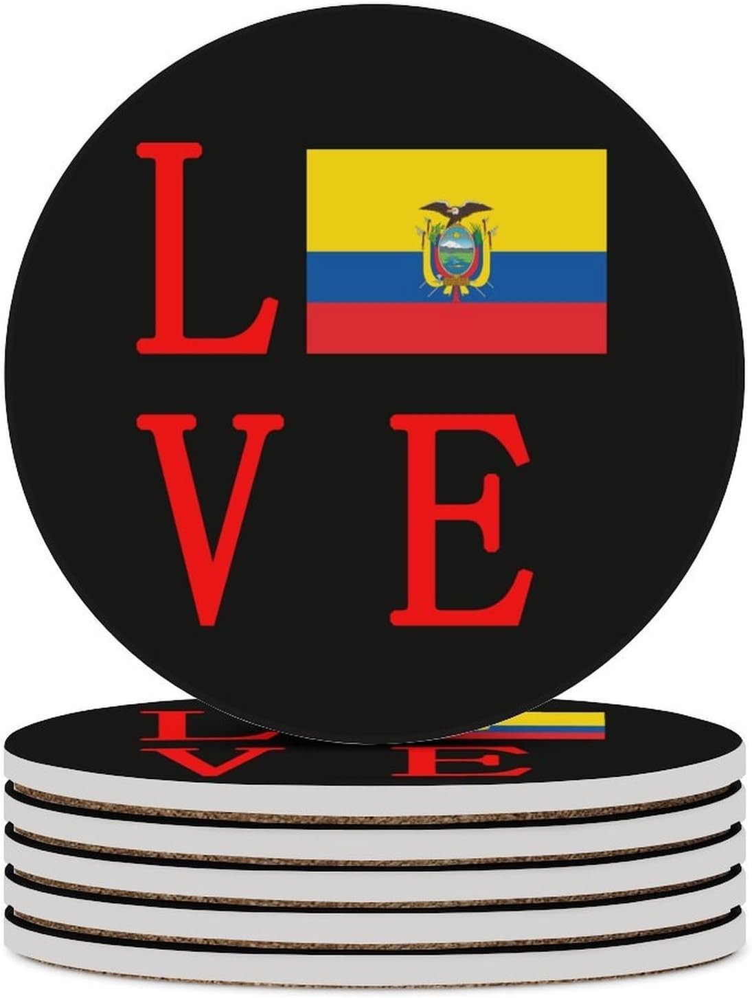 Love Ecuador Flag Funny Round Ceramic Coasters for Drink Absorbent Cup Holders Tabletop Protection