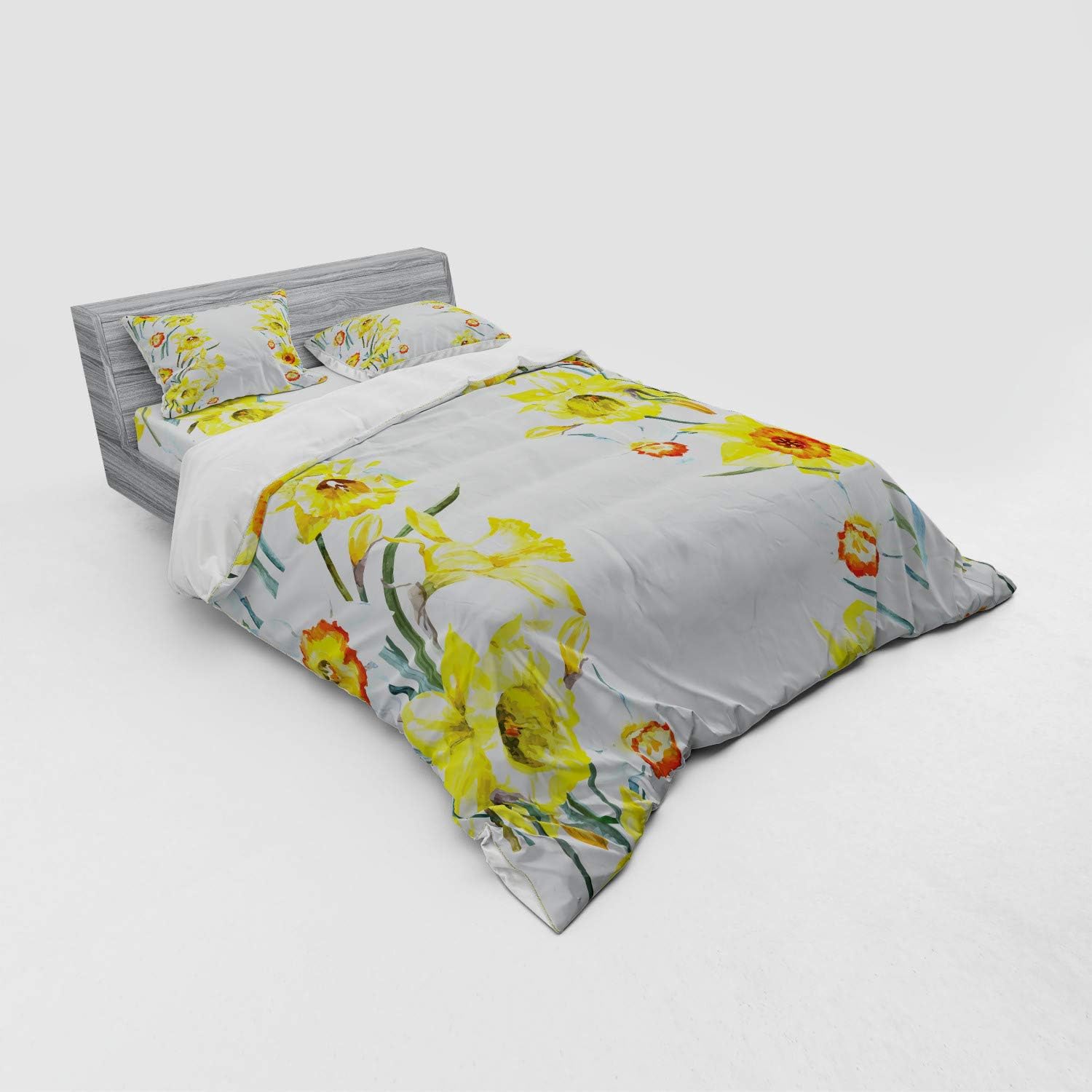 Ambesonne Daffodil Duvet Cover Set, Spring Flowers Composition Meditation for Blossoming Results Natural Print, 4 Piece Bedding Set with Shams and Fitted Sheet, Queen Size, White Yellow