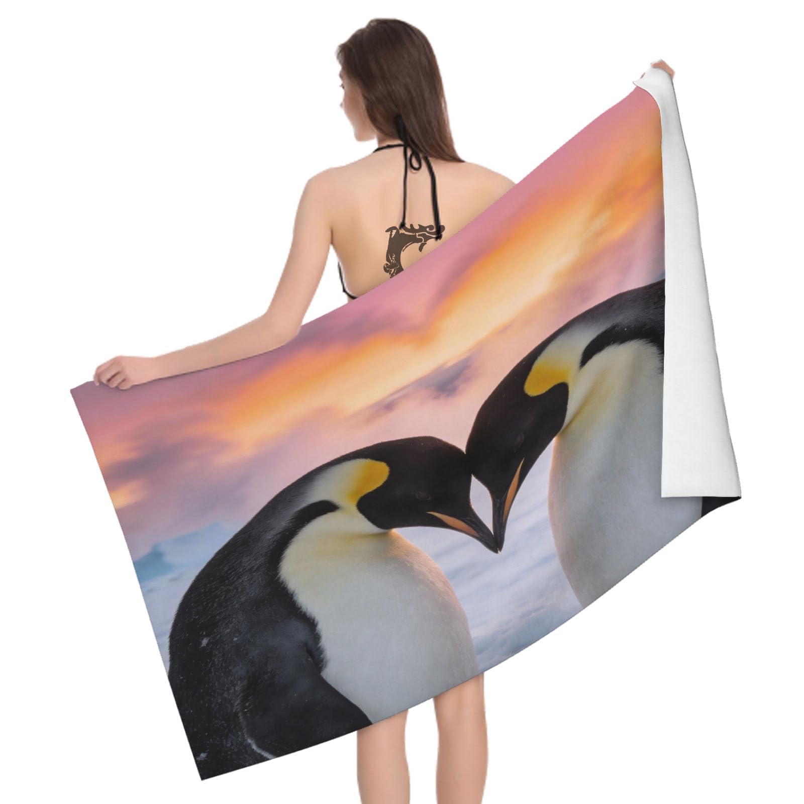 Leichong 3D Penguin Couple Beach Towel Large Microfiber Soft Quick Dry for Adults, Snow Ground Bath Towel Lightweight Soft Absorbent for Travel Swimming Pool Sports, 80 x 160 cm