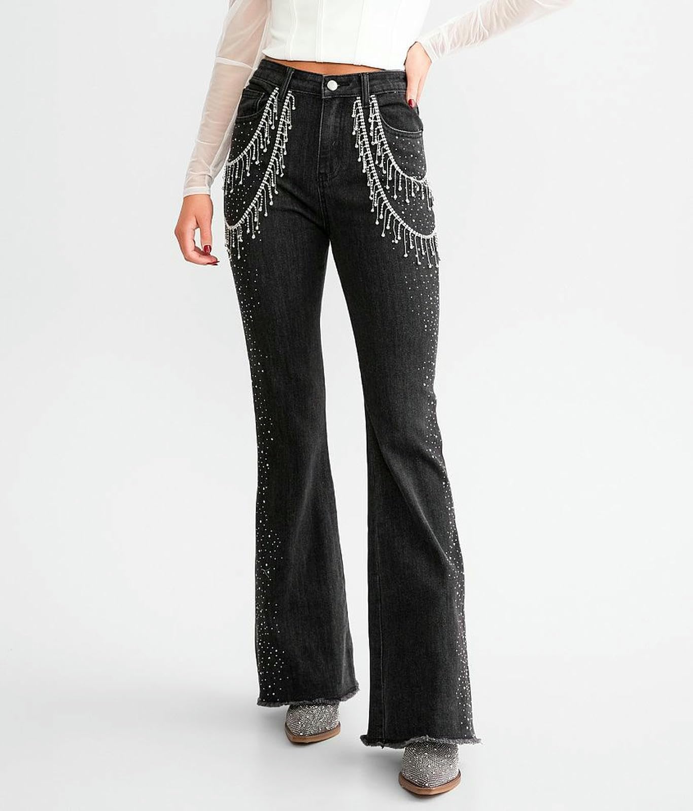 Damskie dżinsy Slim Fit Bootcut dla kobiet, ręcznie szyte i workowe-czarne S