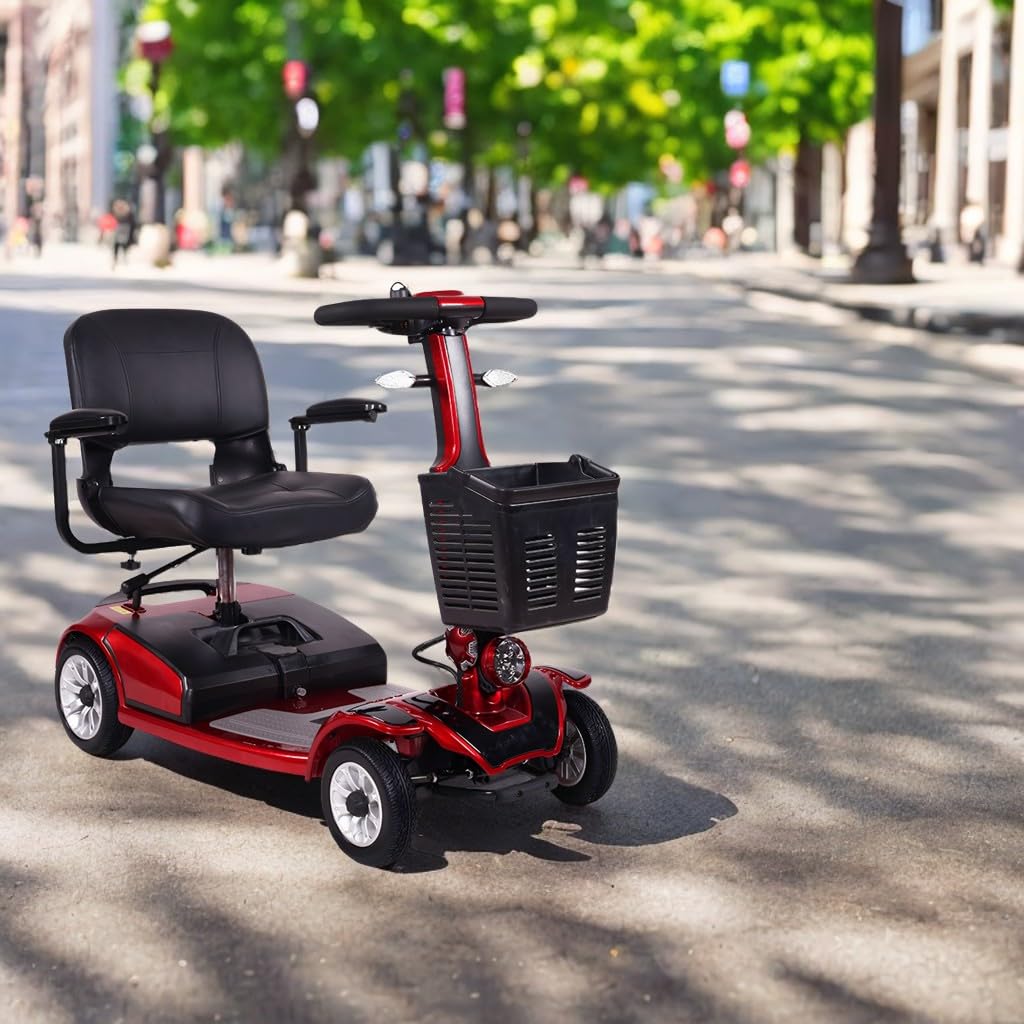 Scooters de Movilidad Plegables para Adultos, Scooter de Movilidad de 4 Ruedas Capacidad de 190 kg Batería Extendida de 35km de Largo Alcance con Canasta y Señal de Giro (Rojo)