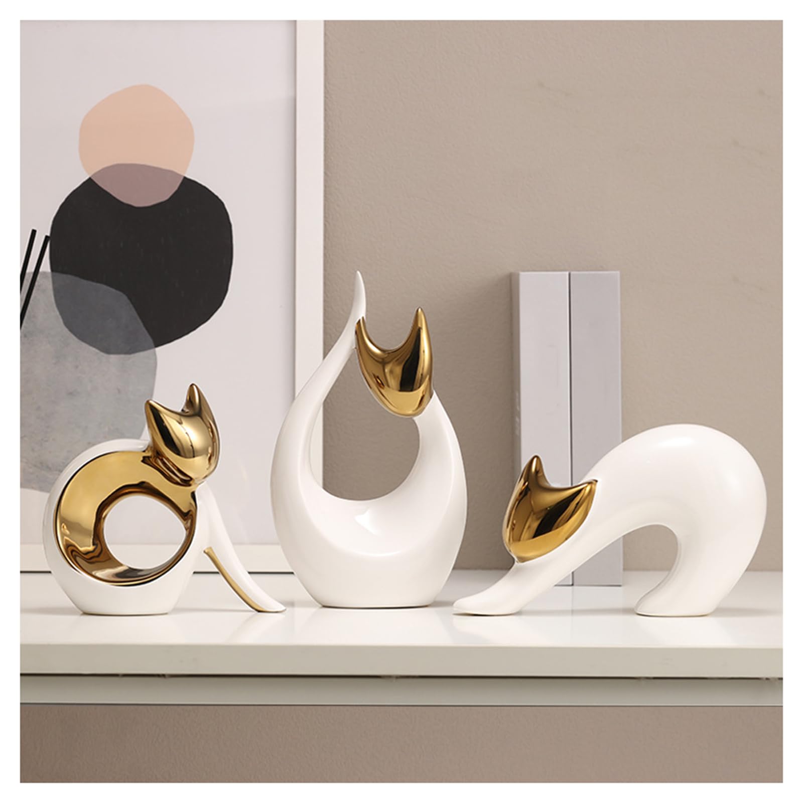 Statua di Gatto, sculture d'Arte Astratta Moderna, Scultura di Gatto per la Decorazione di Soggiorno, Ufficio, Camera da Letto, Ceramica, Gatto Fortunato,Gold Set