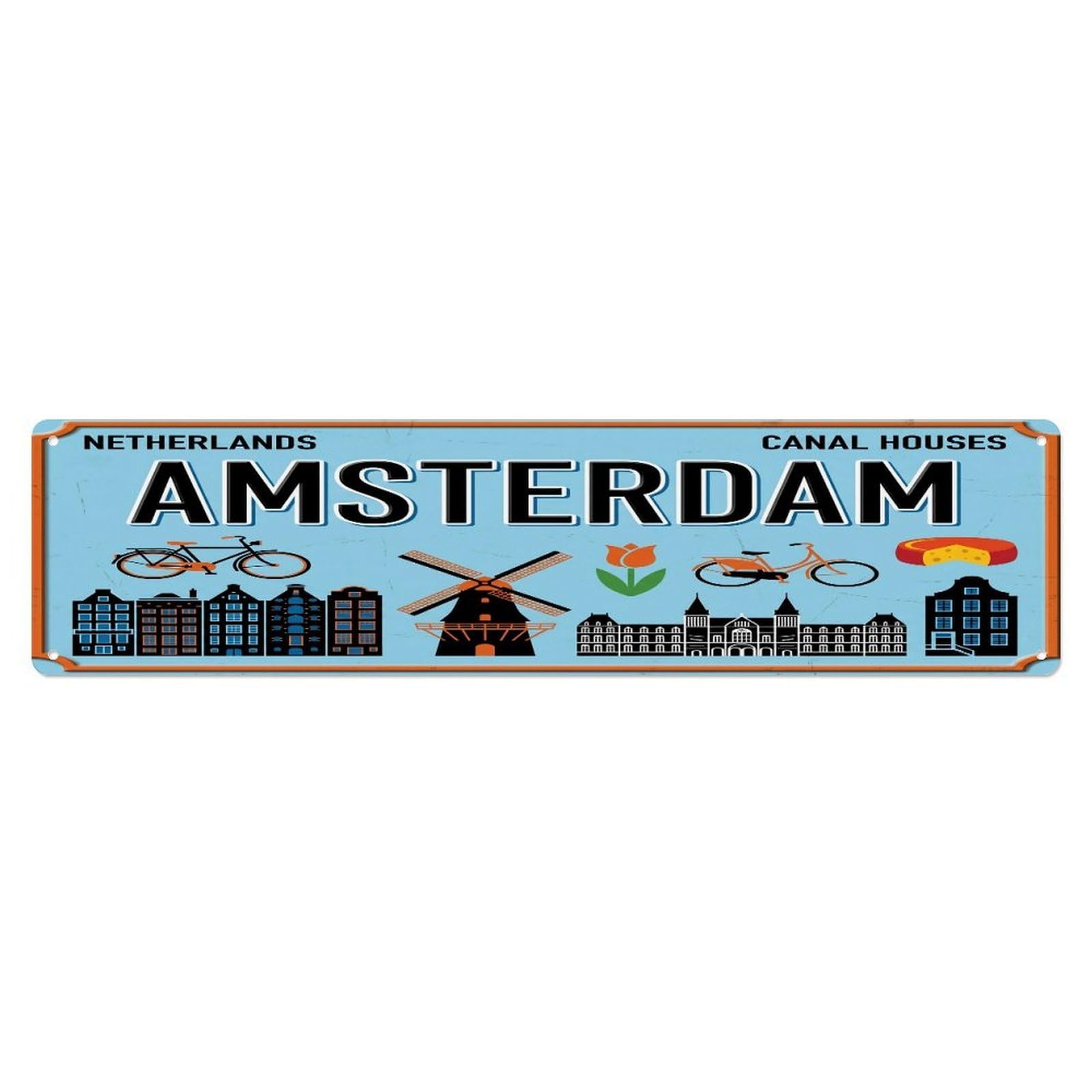 Tgrcjimh Style Metal Tin Sign Vintage Travel Amsterdam Netherlands Canal Bicycle