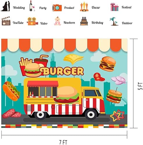 PHMOJEN Fondo de cumpleaños de hamburguesa, vinilo de 7 x 5 pies, hamburguesa, camión, comida, fiesta, decoración de cumpleaños, decoración de mesa