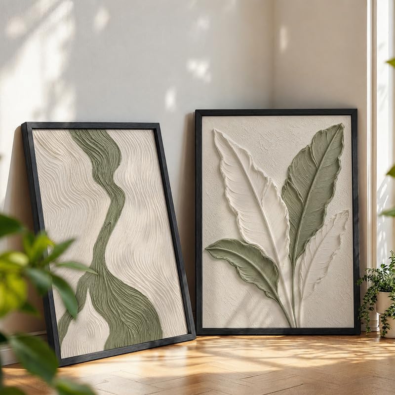 Image of NoWorries Textured Botanical Leaf Wall Painting Set of 2 with Frame | Sage Green & Beige Abstract Nature Artwork, Minimal Modern Wall Decor for Living Room, Bedroom, Office and Home Decoration (Art-11, 13x19inch)