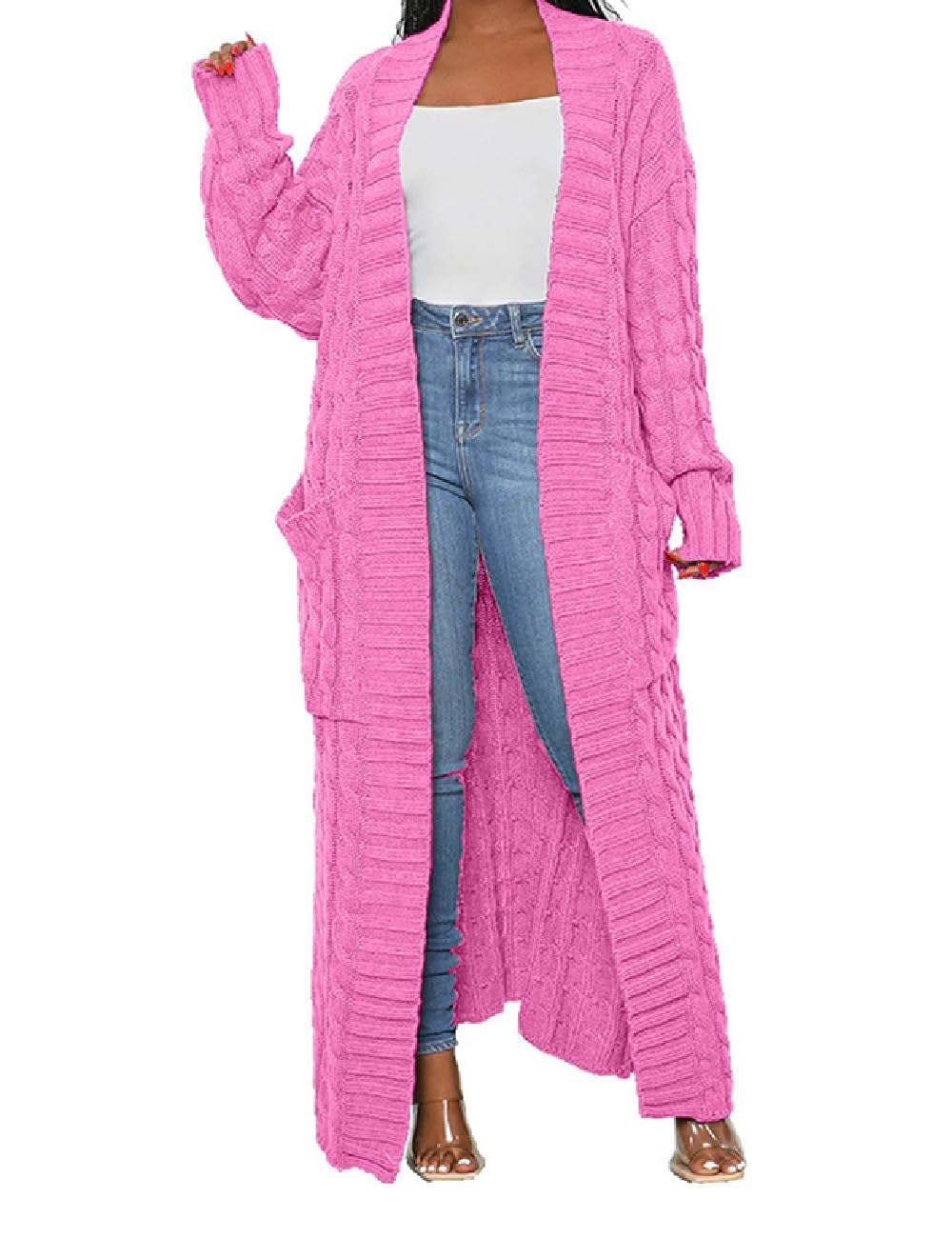 Womens Thin Stylish Cable Knit Dual Extra Long Maxi Cardigan with 2-Pockets