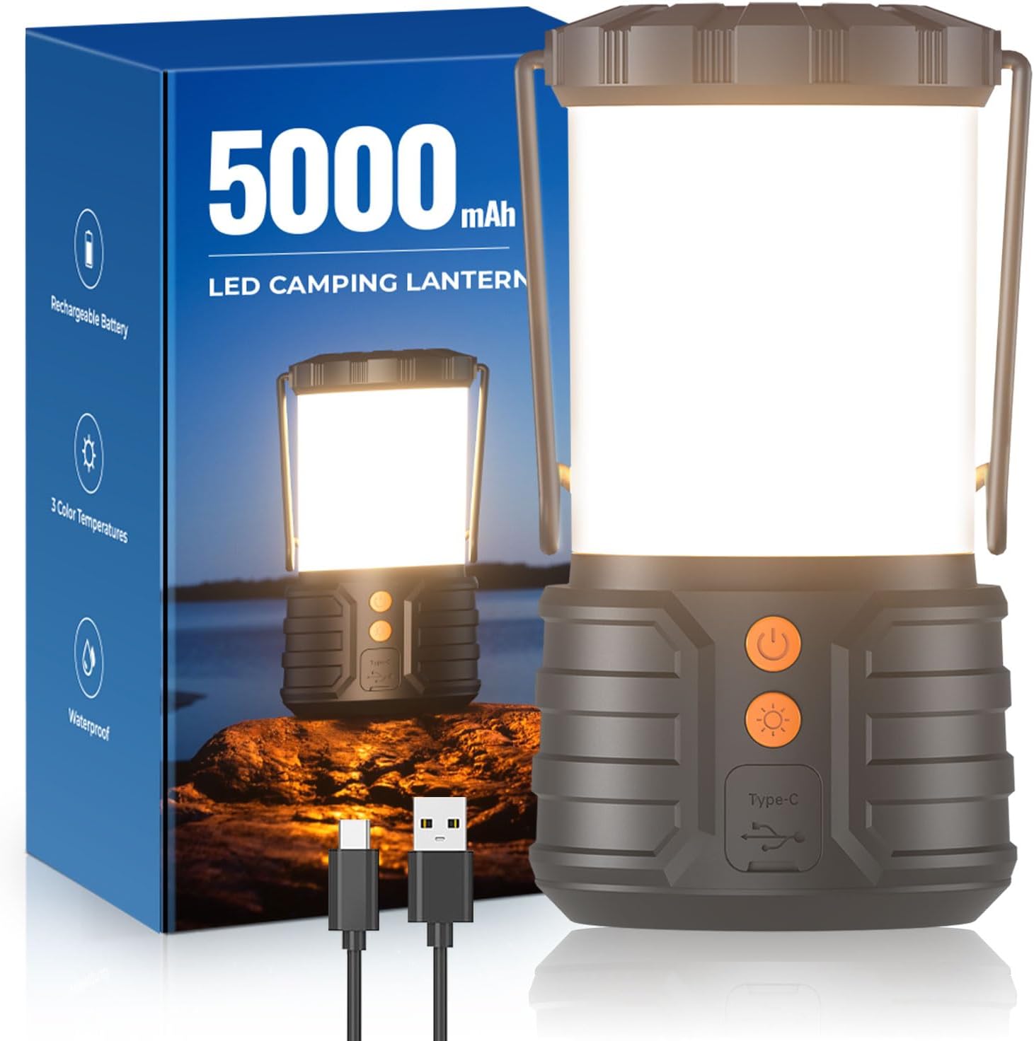 Camping Lantern,5000mAh Rechargeable Battery Emergency Lights for Power Outages,3 Colors,IPX4 Waterproof Portable Camping Tent Light for Home or Hurricane Hiking,1 Pack