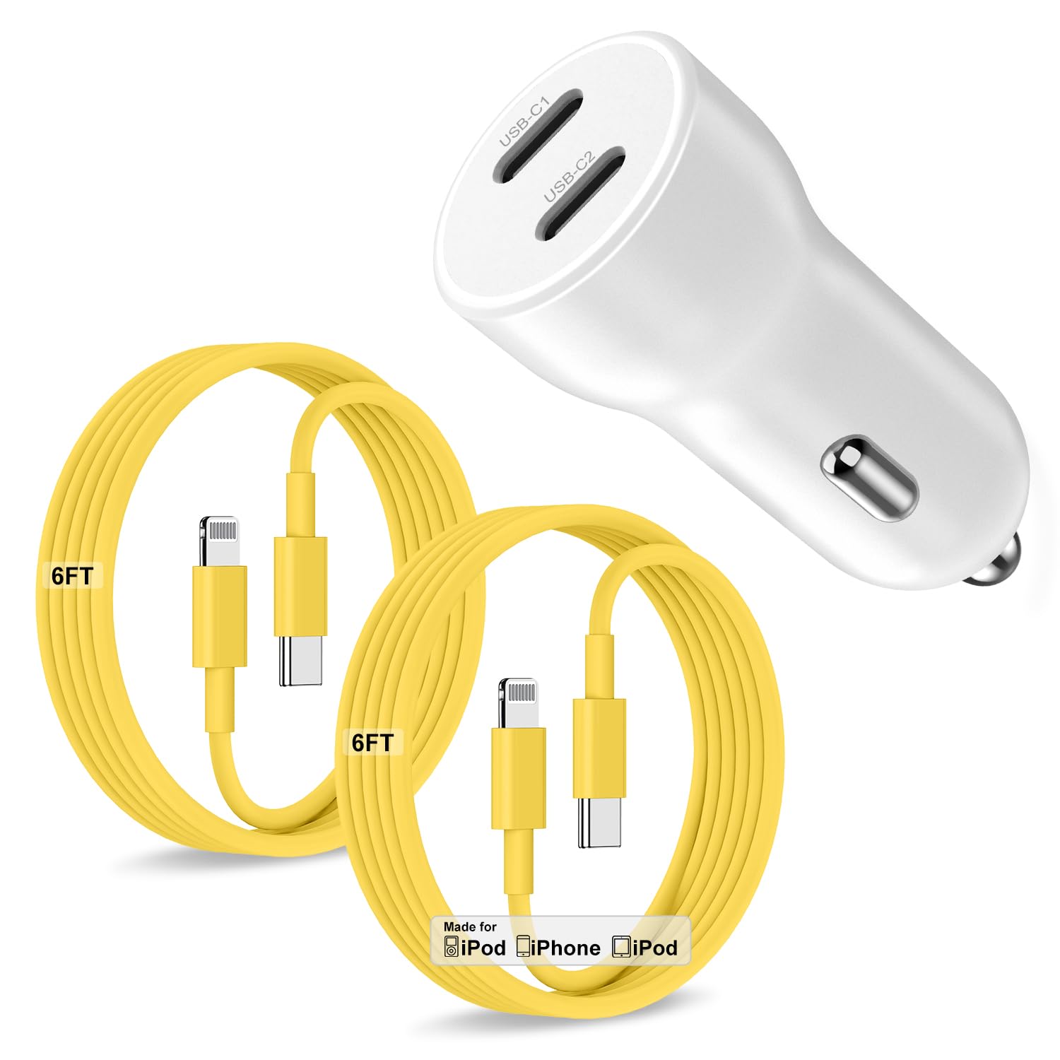 iPhone 14 13 Car Charger, Certified 45W Dual Port USB C Rapid Apple Car Adapter with 6ft Type C to Lightning Cable Fast Charging for iPhone 14 Pro/14 Pro Max/14 Plus/13/12/11/X/XS/SE,iPad-Yellow