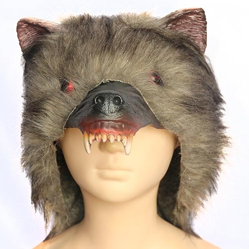 Miniatura 7 de Lobo loco media cabeza látex máscara unisex animal máscara ojos rojos iluminación