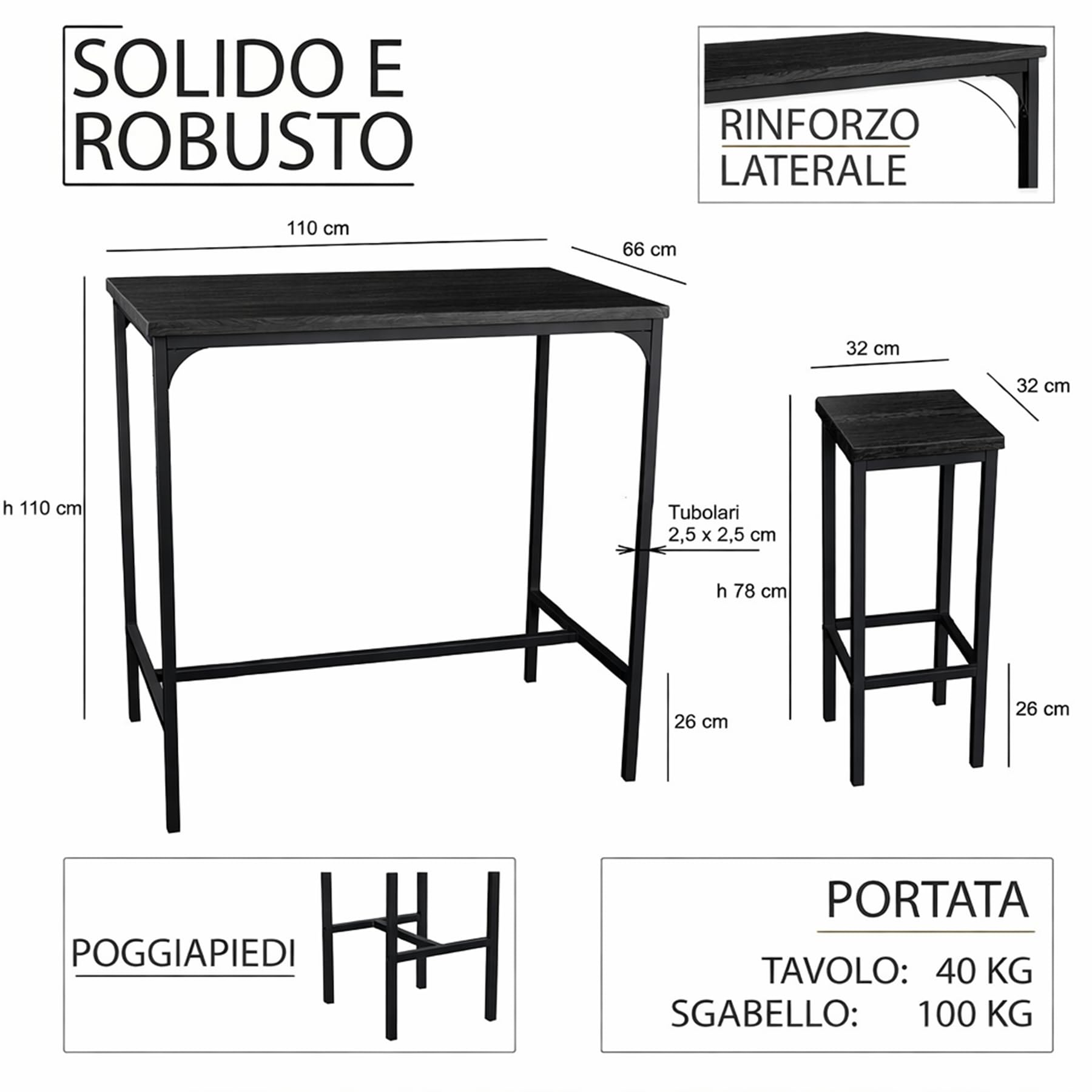 yelloo - Set tavolo Alto e spazioso con 4 sgabelli bar per Cucina, tavolo da cucina, adatto da interno o esterno solo sotto gazebo tenda terrazza (PARIS 110x66 cm Nero)