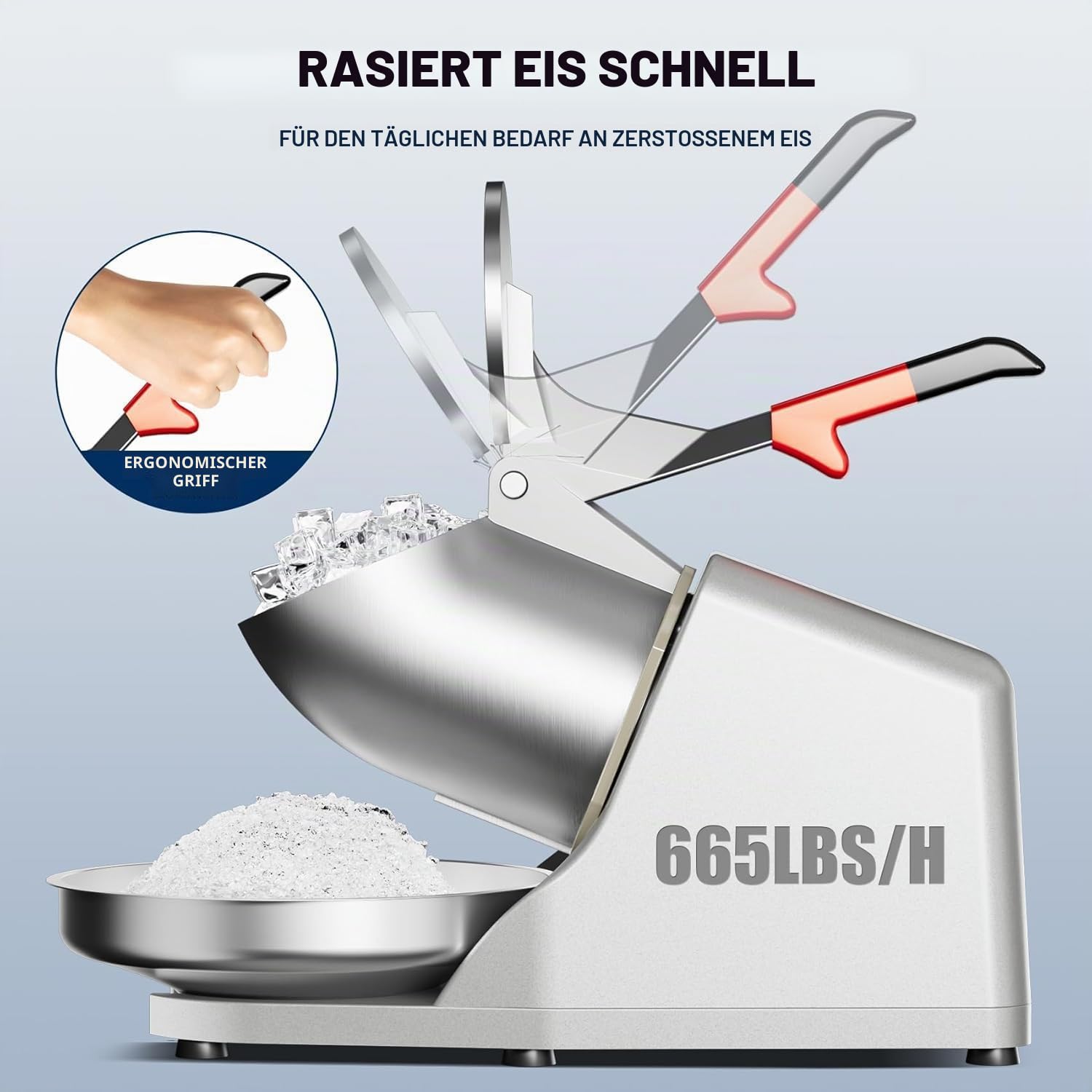 300 W elektrischer Eiszerkleinerer mit Doppelmesser, 220 V-240 V, Zerkleinerungsmaschine, 65 kg/h, elektrisch, kommerziell, Smoothie-Maschine, Restaurants, Bars, Partys, Silber