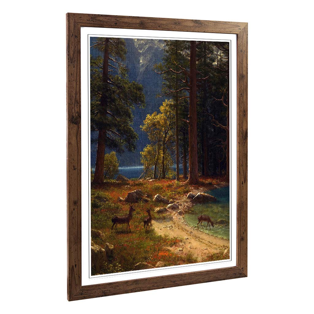 Big Box Art Framed Print of Albert Bierstadt Group of Deer Beside a Lake Design | Wall Art Picture | Home Decor for Kitchen, Living Room, Bedroom, Hallway, Walnut, A2 / 24.5x18 Inch / 62x45cm