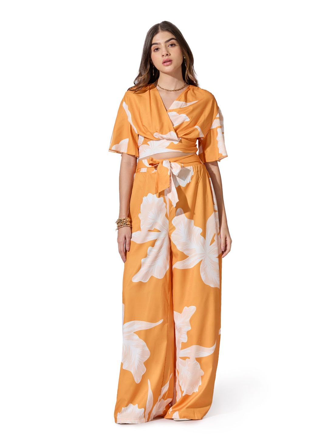 Edition Women's Printed Orange Wrap Top with Wide Leg Pants Co-Ord Set-CHN-3511_Orange-image-28