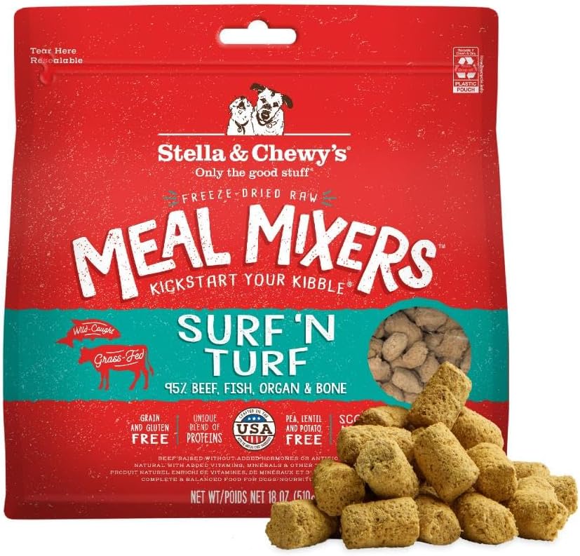 (( Best If Used By/JUL/04/2026))Stella & Chewy's Freeze-Dried Raw Surf & Turf Meal Mixers - Dog Food Topper and Mixer - Made with 95% Grass-Fed Beef & Wild-Caught Salmon - Perfect for Picky Eaters - Grain-Free - 18 oz Surf 'n Turf 1.13 Pound (Pack of 1)