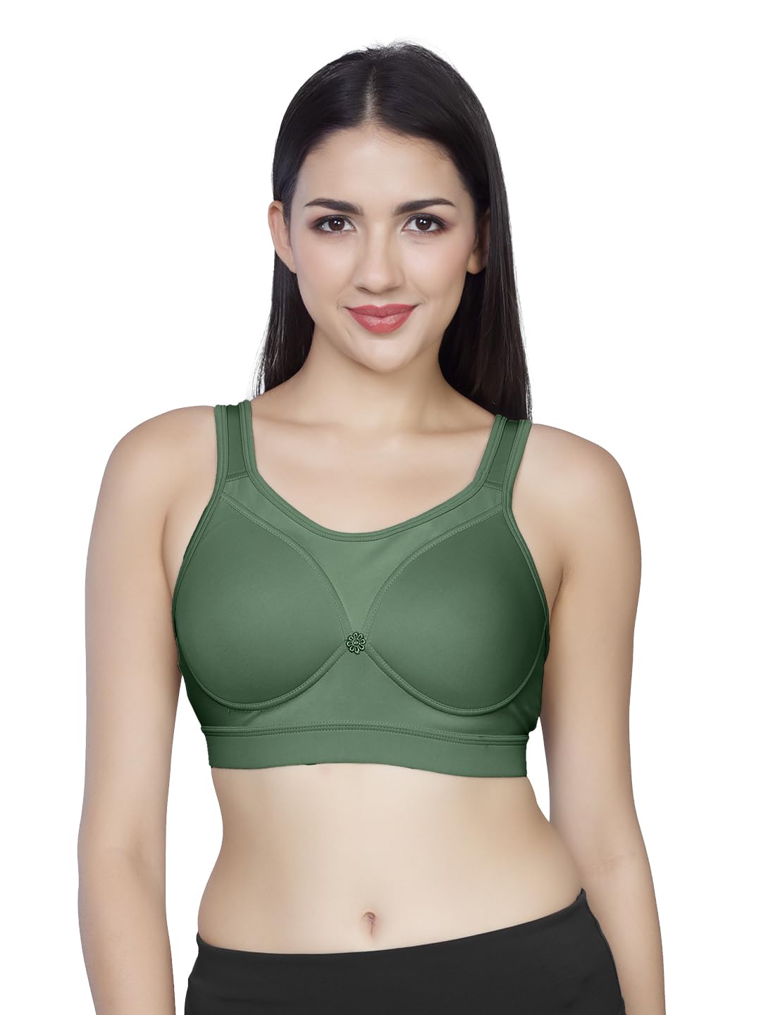 Sonari Women’s Thick Padded High Impact Sports Bra | Wire-free, full coverage, soft polyester spandex bra | Wide shoulder straps, hook and eye closure for secure support – Precise Olive