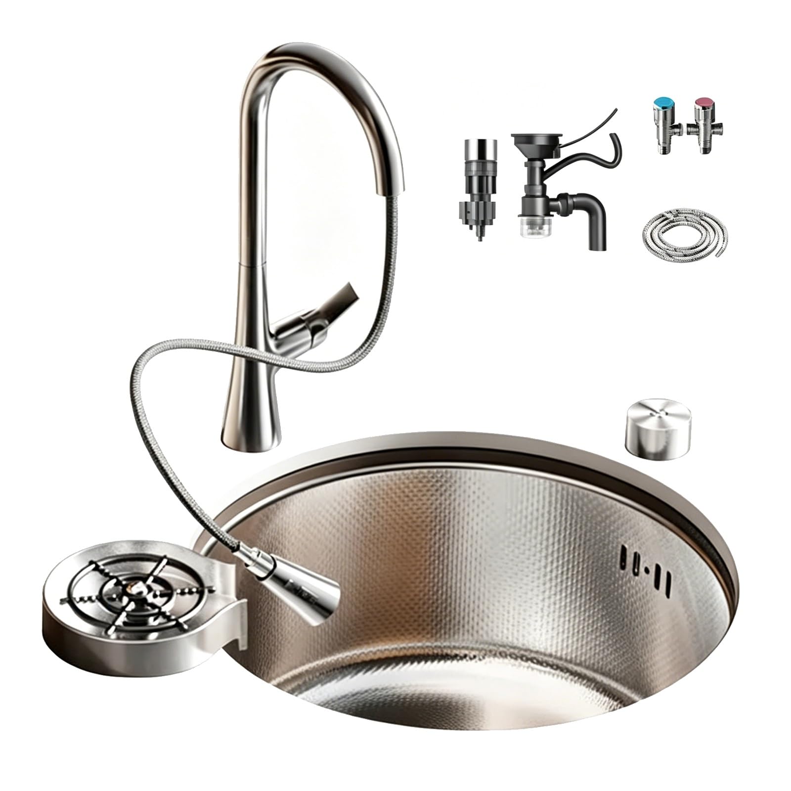 Fregadero de cocina para caravana, fregadero redondo con grifo, acero inoxidable 304, diseño de caída para caravana, cámper, barco, arandela perfecta (42 cm)