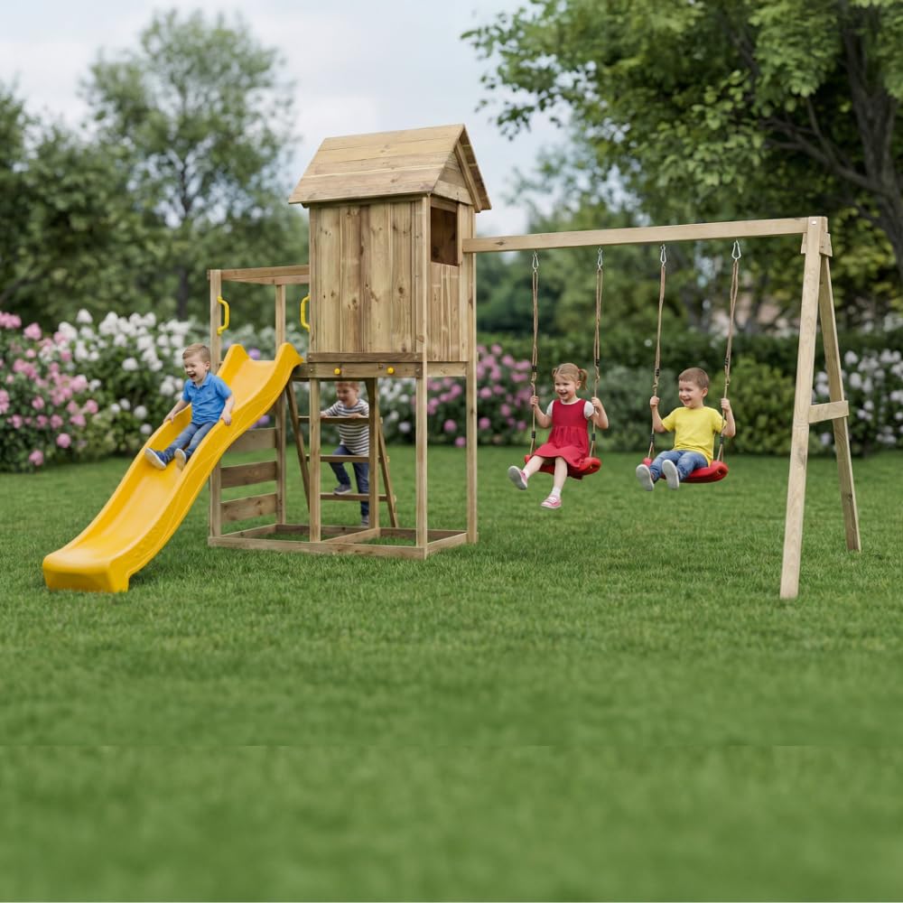 Casetta Rialzata in Legno per Bambini Maxplay 5 con Scivolo 2,2 m, Doppia Altalena e Parete Arrampicata – Parco Giochi da Giardino con Torre e Sabbiera, 368x370x262 cm, Legno Impregnato Autoclave