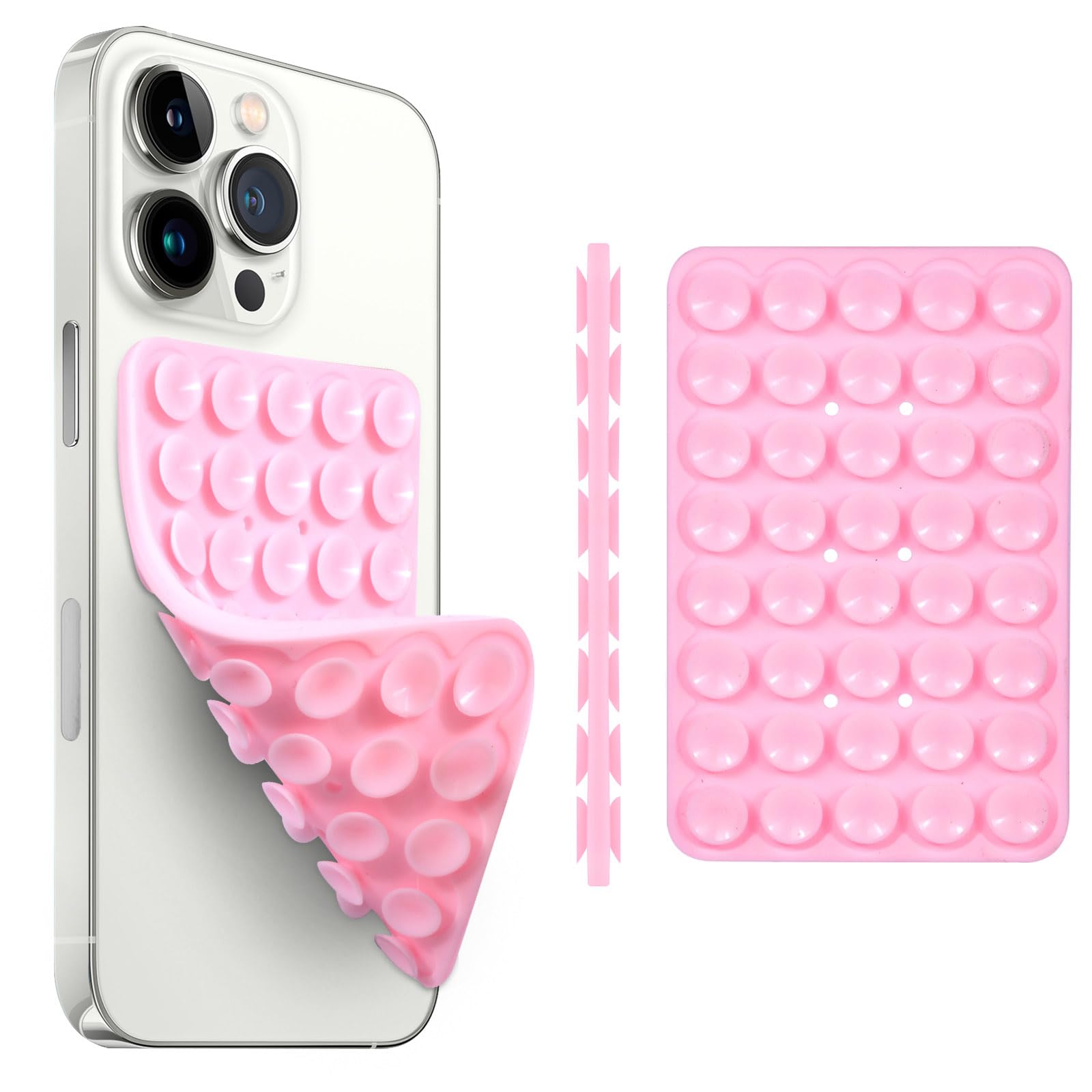 ISARVIQUE Suction Cup Phone Case Mount, Silicon Sticky Phone Stand for iPhone and Android, Hands-Free Strong Grip Holder for Selfies and Videos - Double Sided/Pink