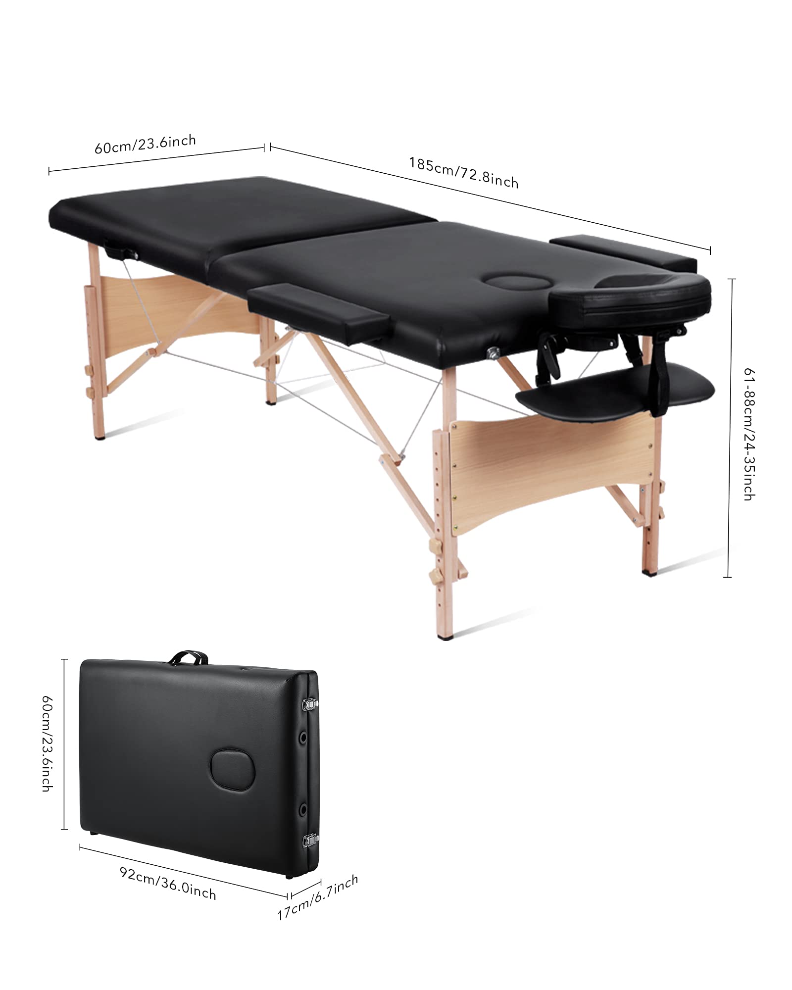 Portable Massage Table Massage Bed Lash Bed Facial Bed SPA Bed Tattoo Table Height Adjustment with Accessories & Carrying Bag 2 Section Wooden