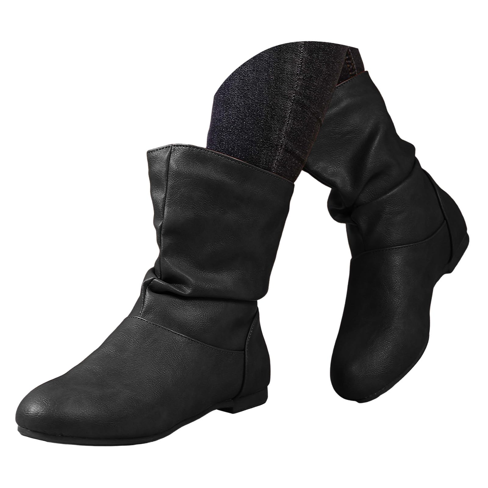 Womens Slouch Ankle Flat Boots Fashion Short Low Heel Booties Fall Casual Pointed Toe Leather Mid Calf Boots