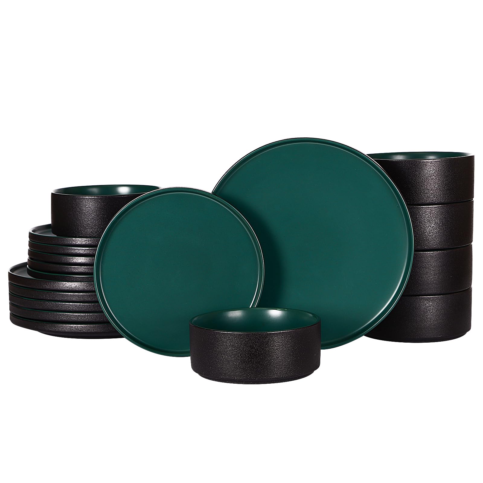 GZG Ceramic Dinnerware Set for 6,18 Piece Modern Style Stoneware Set,Microwave and Dishwasher Safe Plate and Bowl,Scratch Resistant Stackable(Dark Green, Set(18PCS))