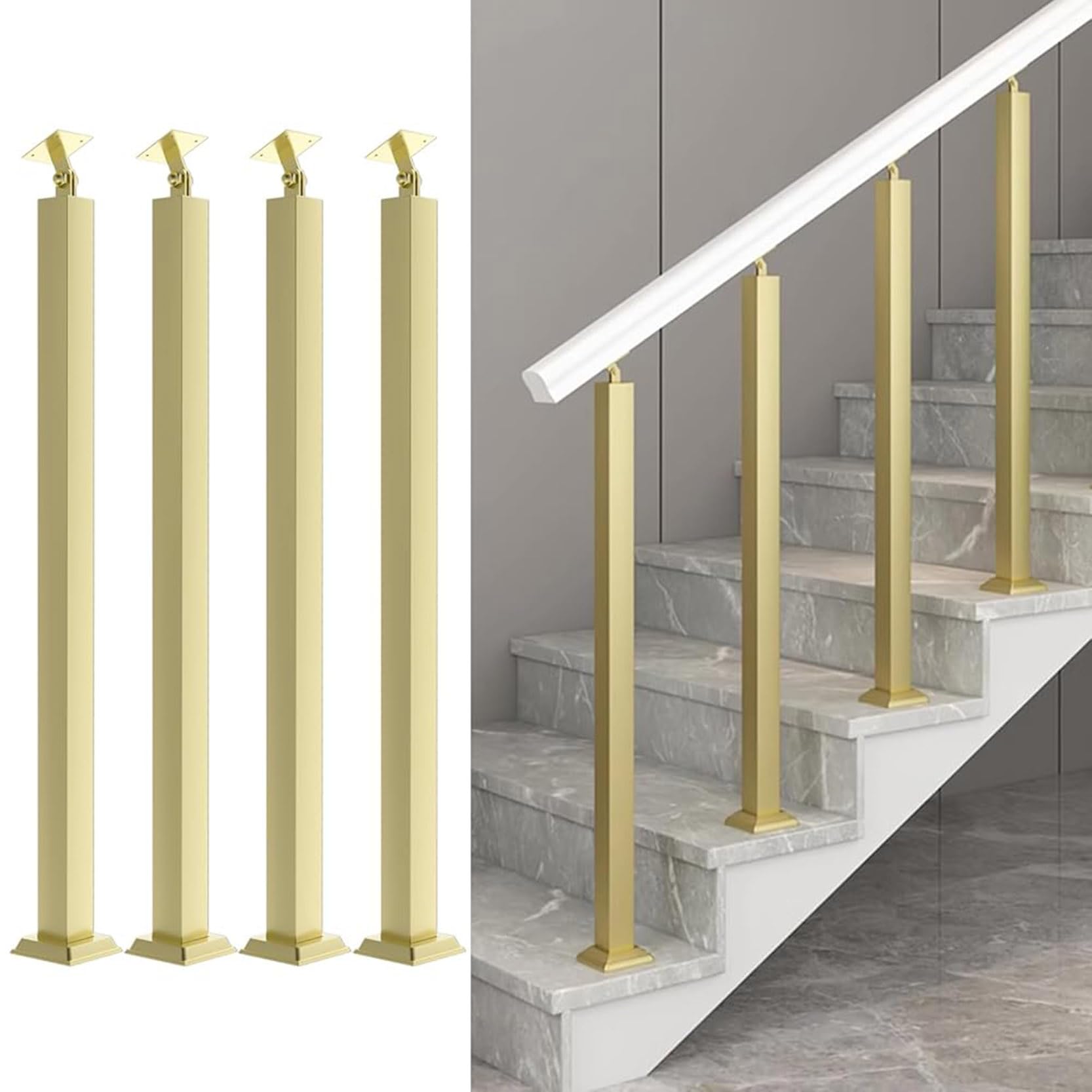 GOUZIBHD Indoor Railing Kits Square Stair Baluster Posts,4 Pack Banister Column,270° Adjustable Staircase Handrail Metal Railing Spindles for Balconies Gardens Attics(Size:90cm/35.4in,Color:Gold)