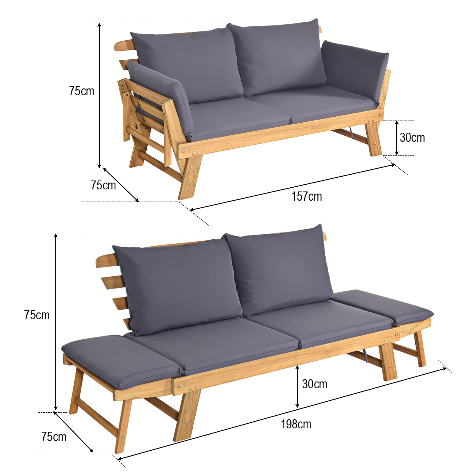 COSTWAY 3 en 1 Sofa Cama de Jardín, Banco de Jardín de 2 Plazas Convertible con 2 Almohadas y Cojin Extraible y Lavable, Reposabrazos Ajustables, Sofa Jardin de Madera Acacia para Patio, Máx 320 kg