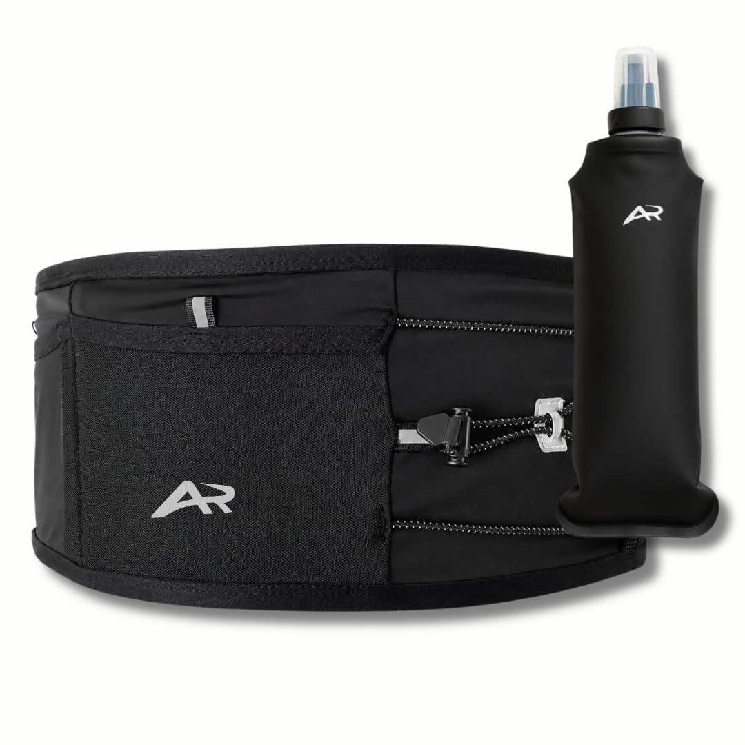 AeroRun® Laufgürtel mit Trinkflasche | Lauftasche Jogging für Damen & Herren | Handytasche Joggen auch für große Handys | 360° Anti-Bounce Running Belt inkl. Startnummernband | M-XL >85 cm Bauchumfang