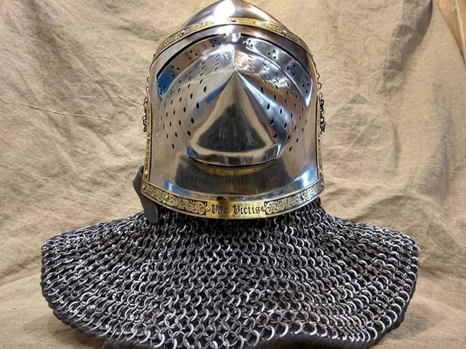Casque médiéval Bascinet Hounskull avec visière gravée - Cadeau de collection pour père - Argent