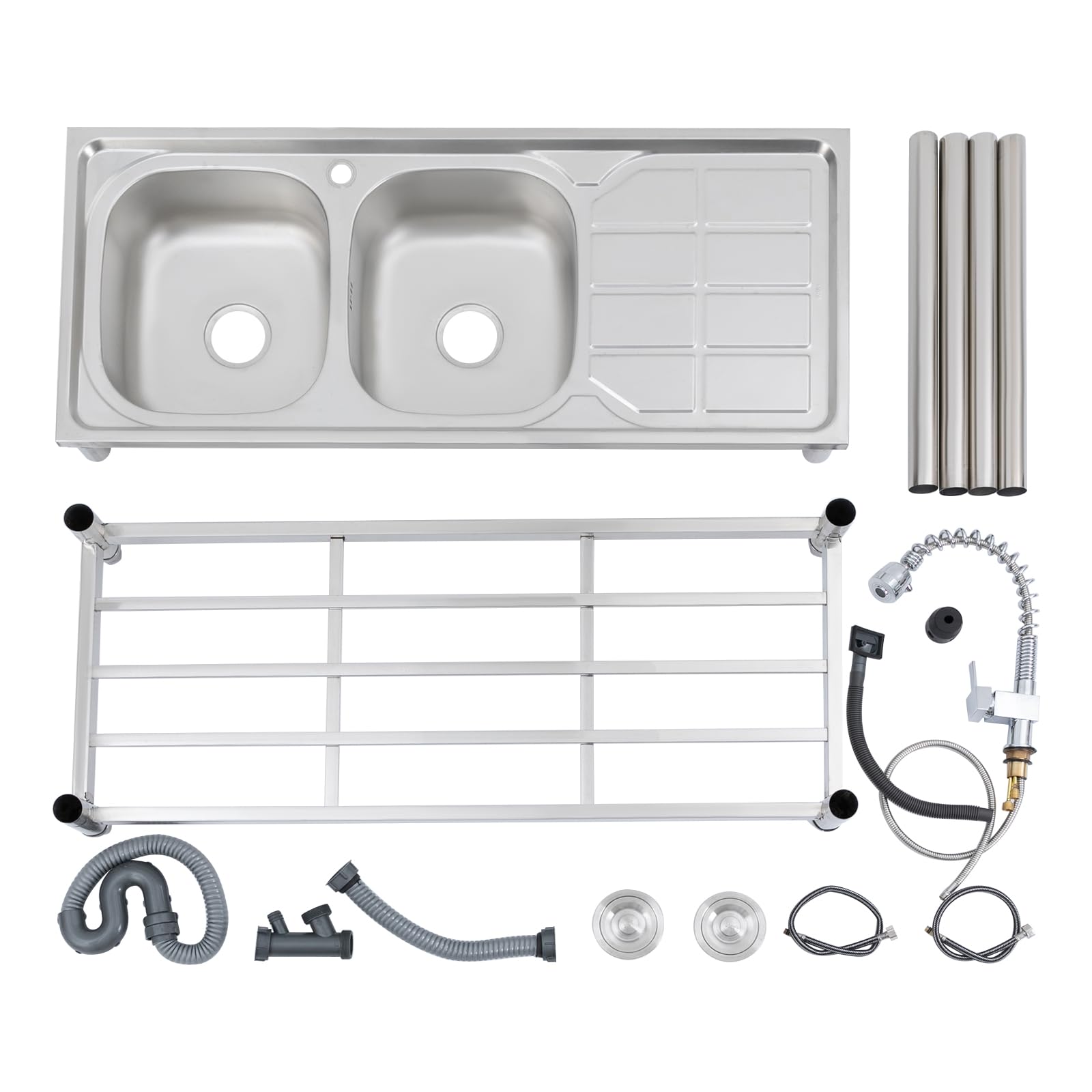 Lavello in acciaio inox, 2 vasche da campeggio, con lavello e rubinetto, per esterni, interni, cucina, ristorante, bar, 120 x 50 x 80 cm
