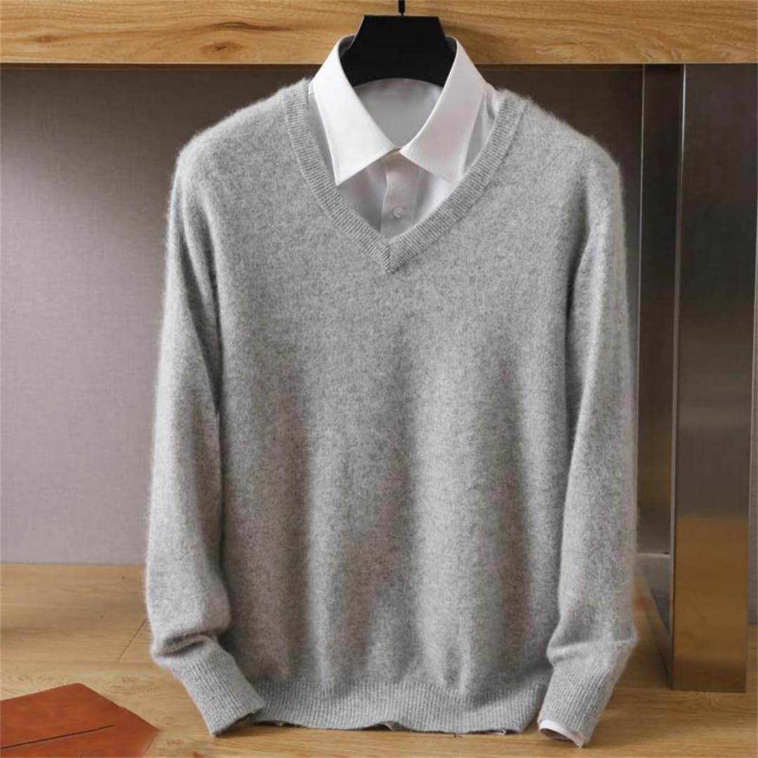Jersey de punto de manga larga para hombre, 100 % cachemira, cuello en V, talla grande