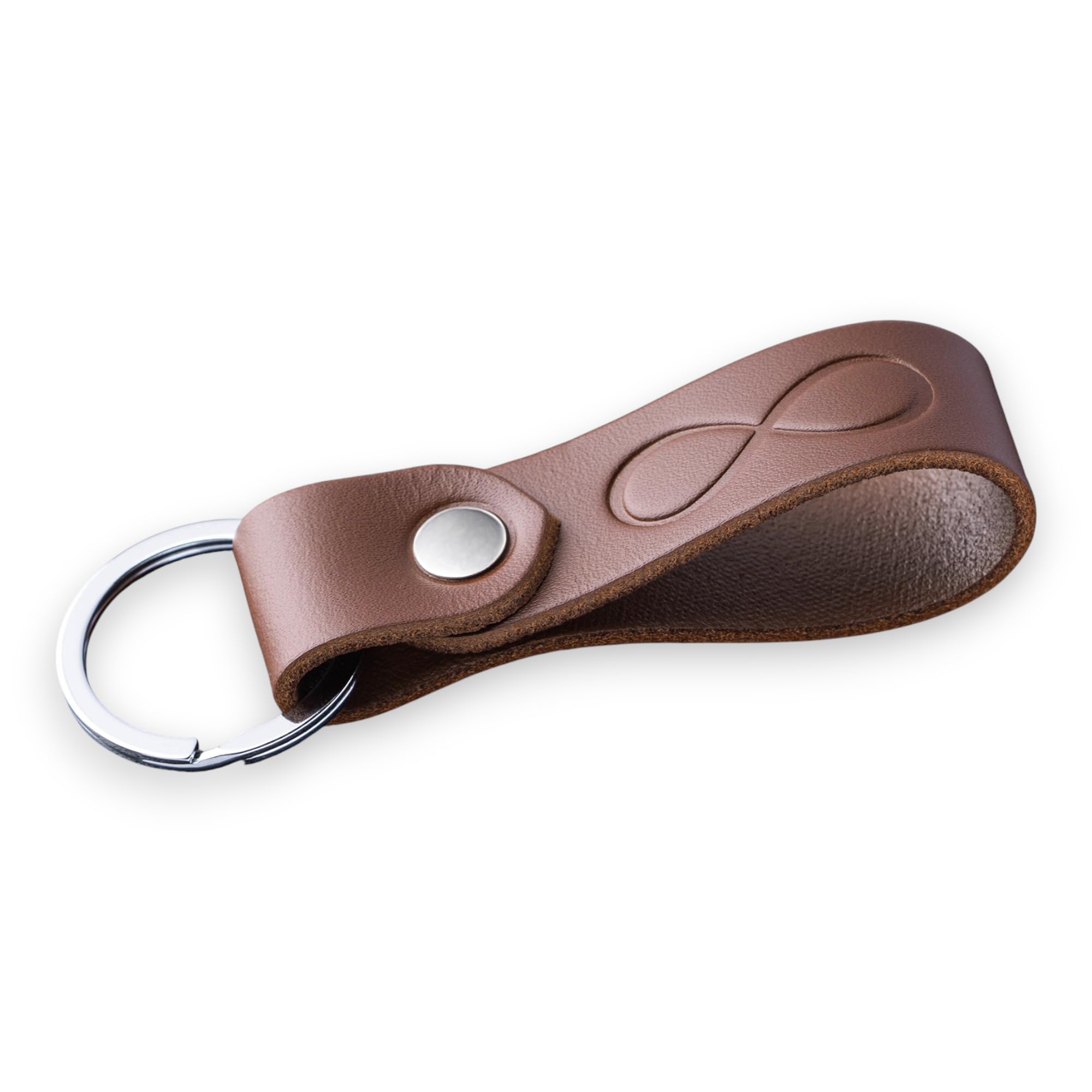 Magor Unisex Infinity Leather Keyring For Men & Women, Personalised Car Keychain For Him, Her, Dad Or Husband, Full Grain Hot Embossed Matte Brown Leather Key Ring In Gift Box, Minimal Pocket Size (Infinity)