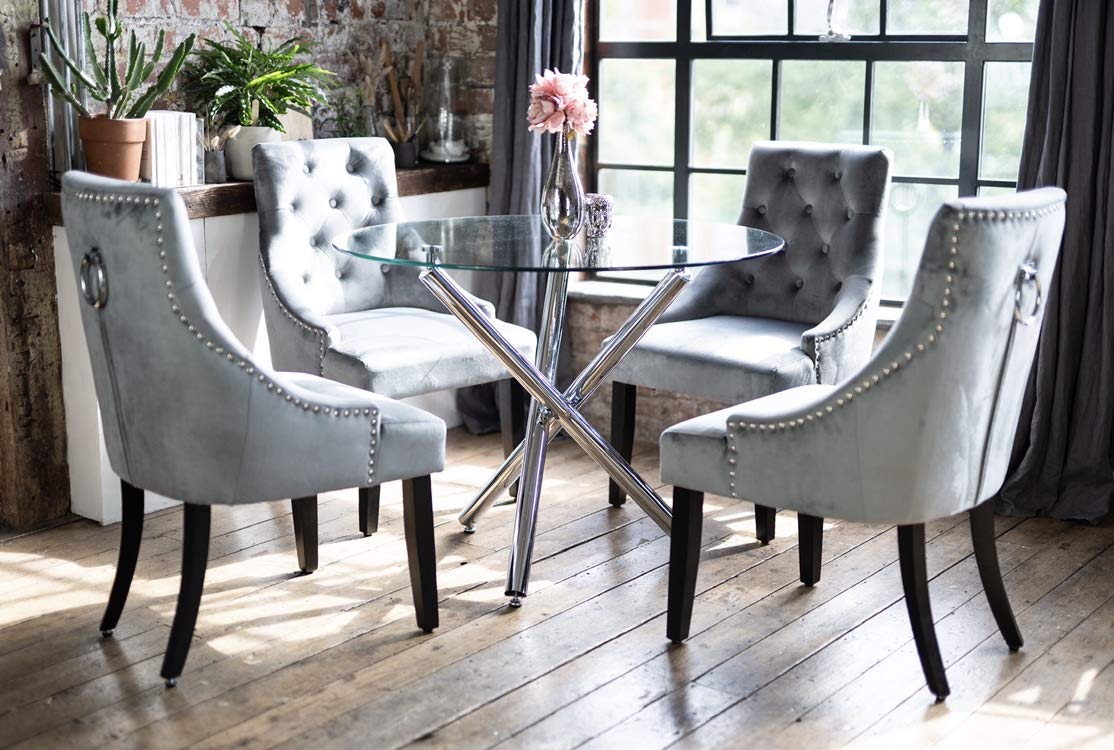 coku™ Maia Round Tempered Glass Dining Table with 4 Grey Velvet Portia Chairs/Table Chrome Legs Modern Contemporary Furniture