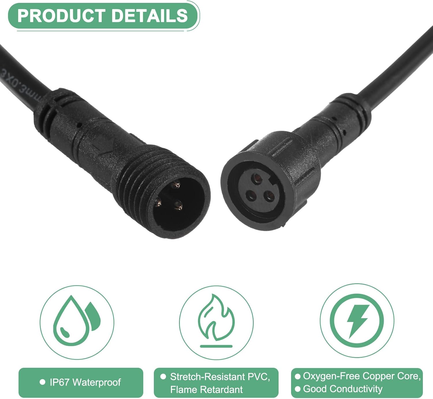 M METERXITY 5-Pack Waterproof Extension Cable, 3 Pin 3.28 Ft/1m Extension Cord Wire with 22AWG IP67 Male and Female Connectors for Outdoor Spotlights/LED Deck Lights [Black]
