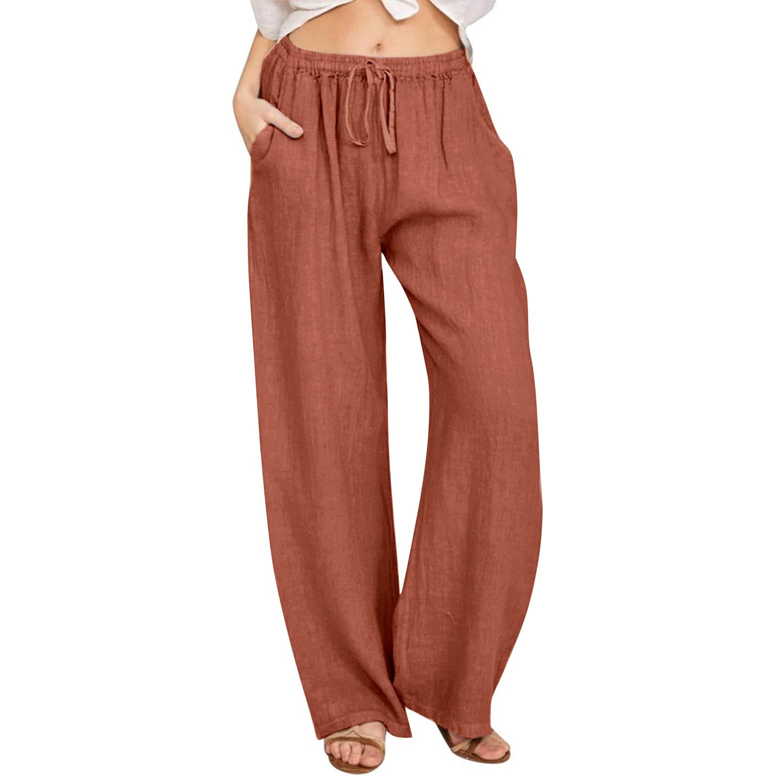 Generic Womens Linen Pants Summer Boho Drawstring Elastic Flowy High Waist Casual Loose Fit Wide Leg Pants
