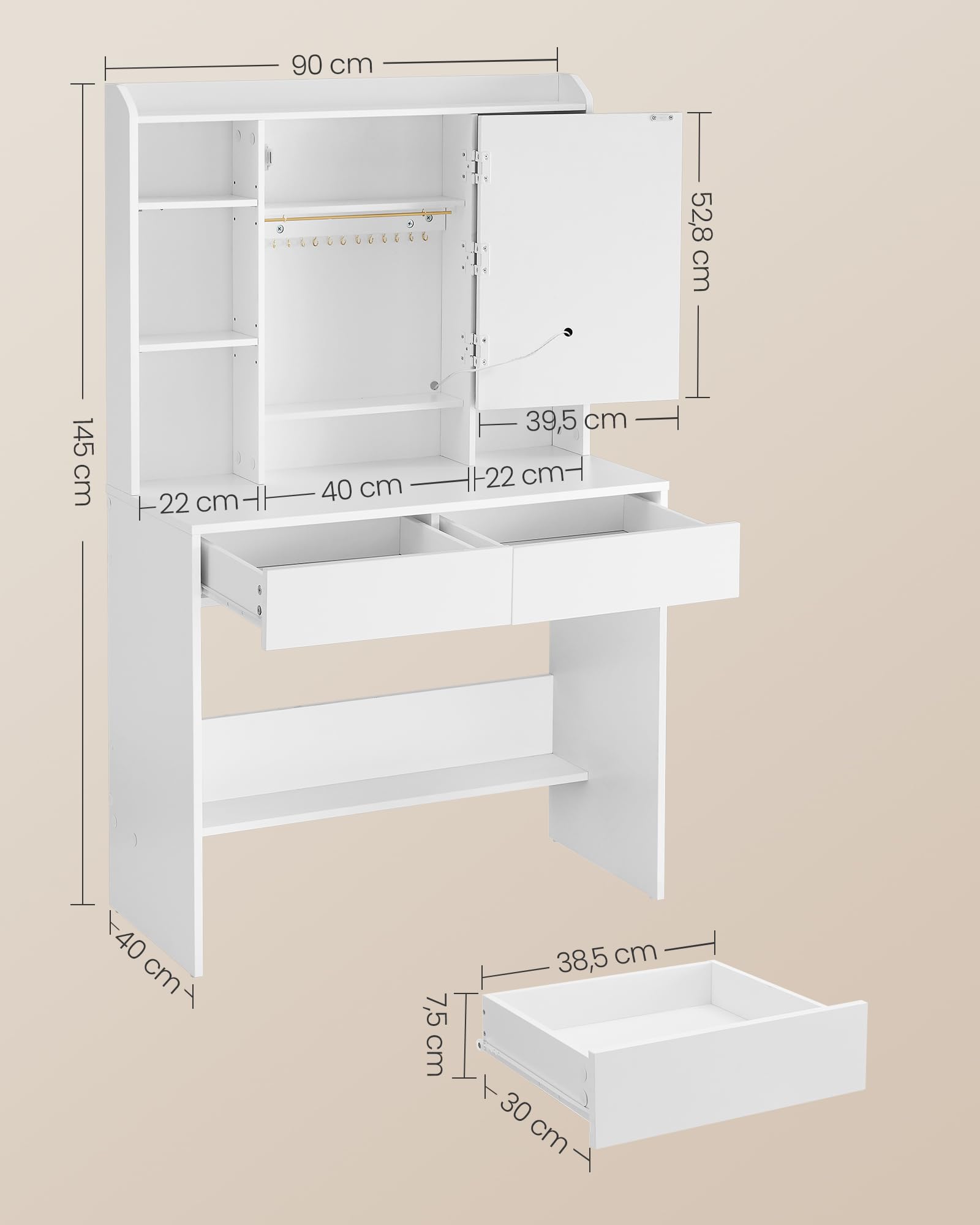 VASAGLE KAILYN Collezione - Toeletta con Luci LED 3 Colori con Luminosità Regolabile, Tavolo da Trucco con Specchio, Ripiani Regolabili, 2 Cassetti, Postazione Trucco, Bianco RDT123WB01