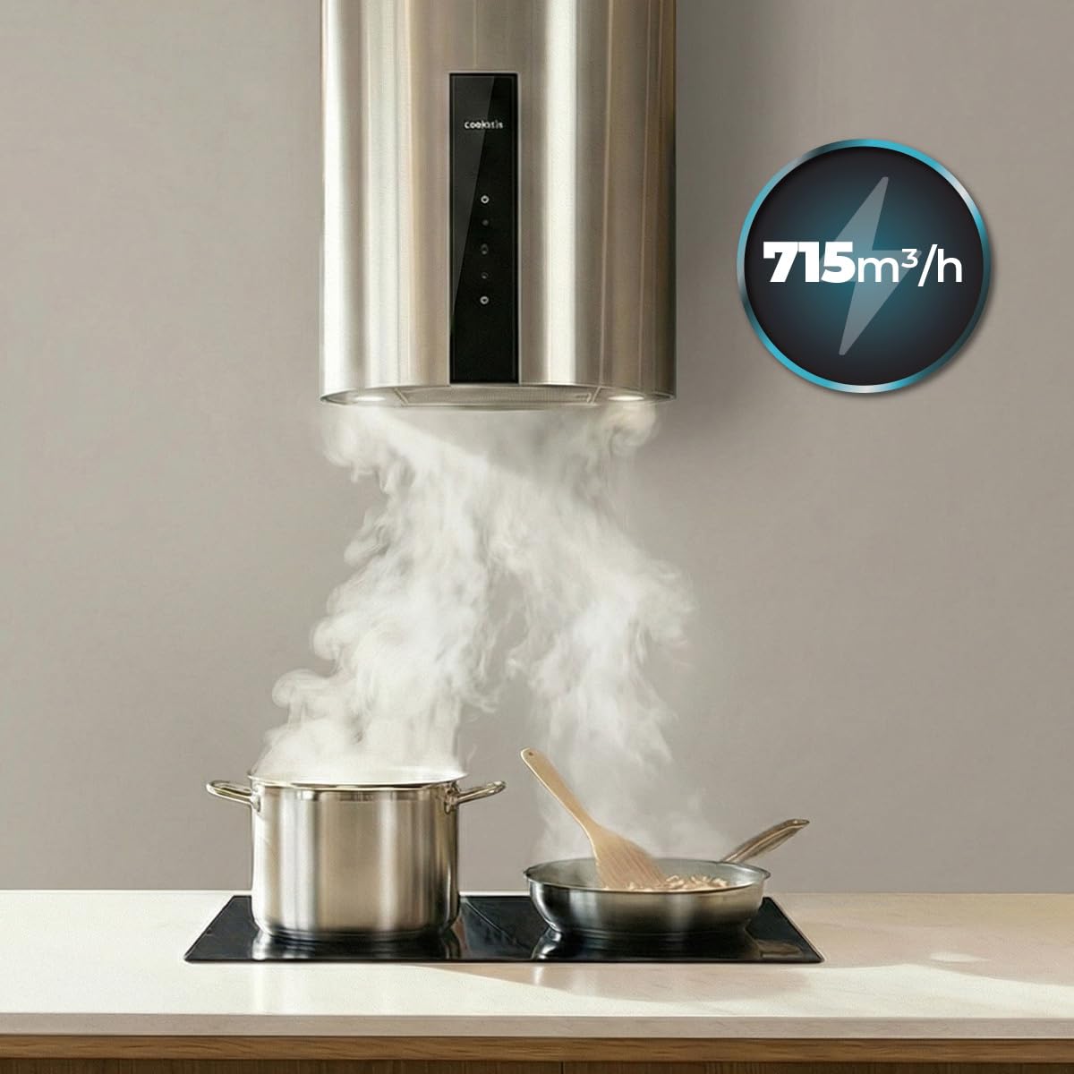 Cecotec Cappa Aspirante Rotonda a Parete 35 cm Bolero Flux DRT 358000 Inox A++. Aspirazione 715 m³/h, 2 Velocità + Funzione Booster, Filtri a Carbone, Classe A++, Controllo Touch