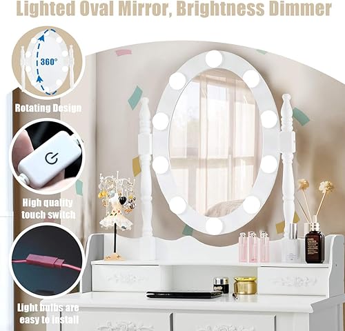 Miniatura 13 de DORTALA Juego de mesa de tocador, tocador de maquillaje con 10 bombillas regulables, espejo iluminado y 4 cajones, taburete acolchado, patas de