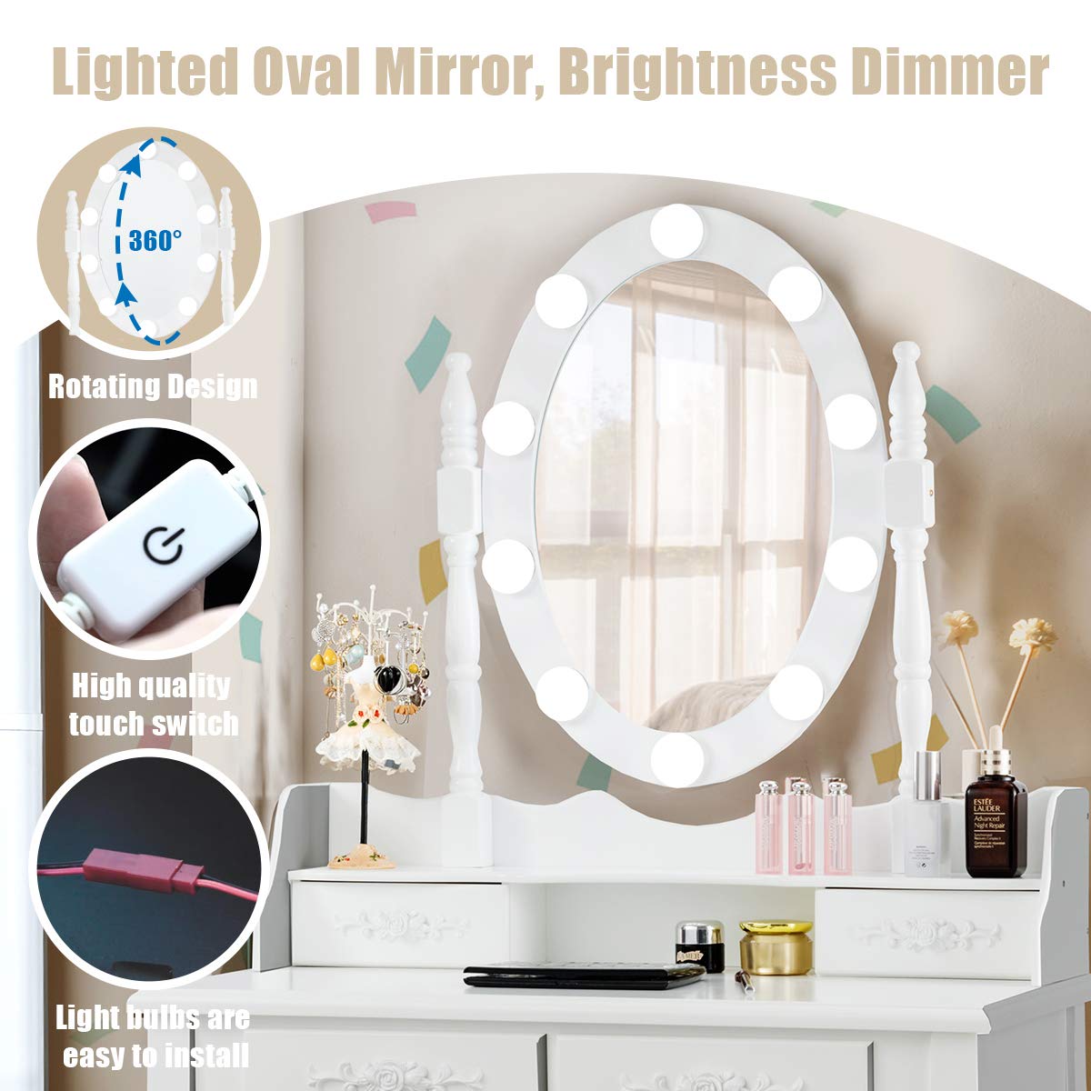 COSTWAY Make-uptafel met 3 kleuren led-spiegel en make-upkruk, kaptafelset met glasplaat, stopcontacten, haken en inklapbare zijpanelen, smalle make- uptafel wit, 94 x 41 x 147 cm