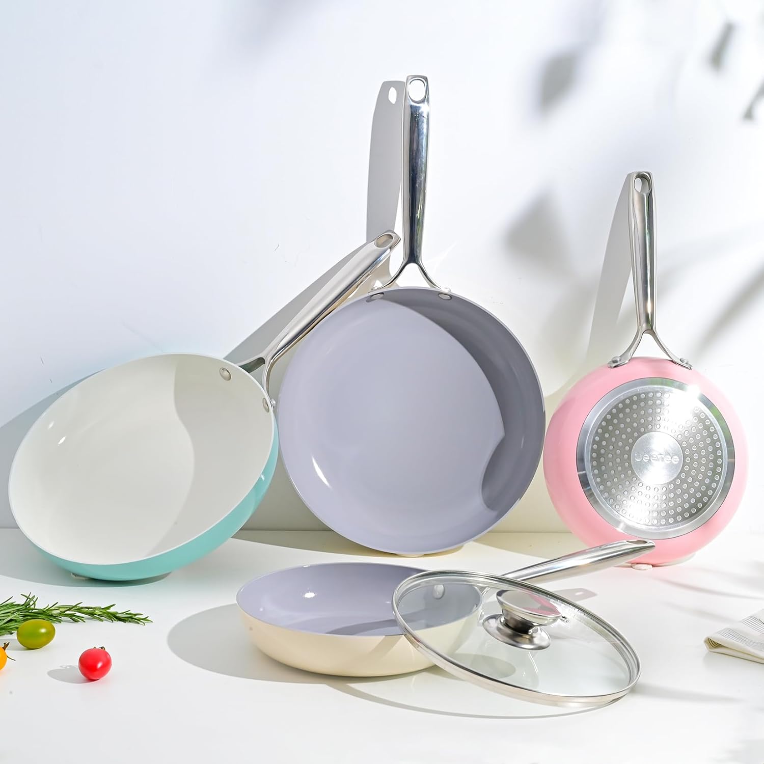 Colorful Nonstick Pans with Lids Ready for Cooking
