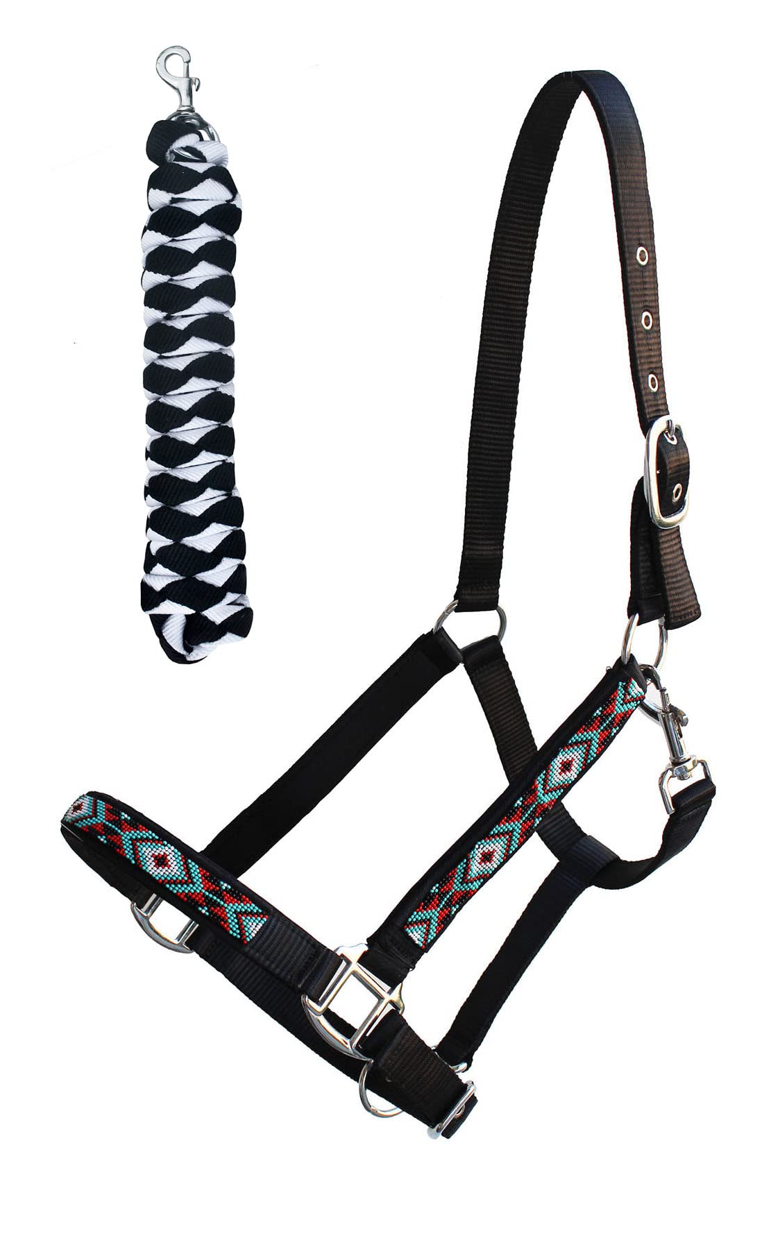 CHALLENGER Nylon Horse Beaded Halter Nickle Plated Hardware w/Lead Rope Tack Lime 606175BK