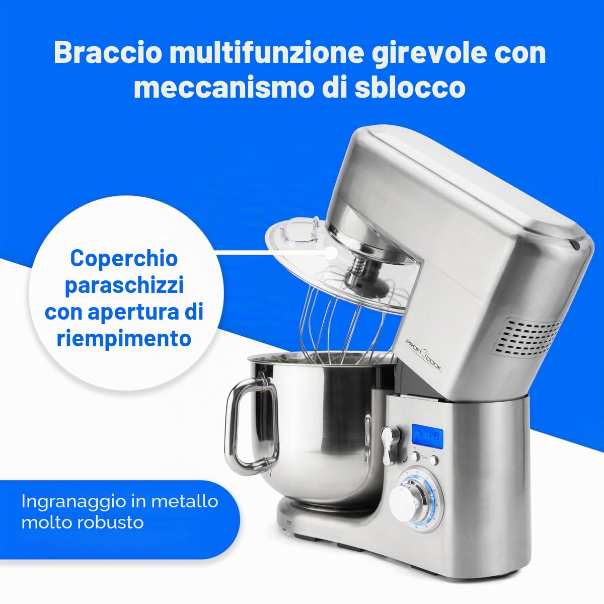 ProfiCook® Macchina da cucina con ciotola in acciaio inox XXXL | Forno 10L con motore 1500W | Impastatrice incl. Ganci e smerigliatrici | Impastatrice con apertura di riempimento | PC-KM 1096