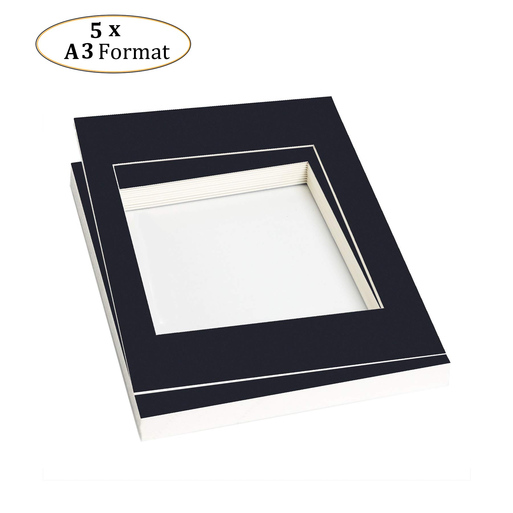 TUKA-i-AKUT TKD9100-A3-5x passe-partout DIN A3 do zdjęć w formacie 20,8 x 29,5 cm, czarne, grubość 1 mm - odporne na starzenie się bez kwasów, do oprawiania obrazów, zdjęć, plakatów, druków