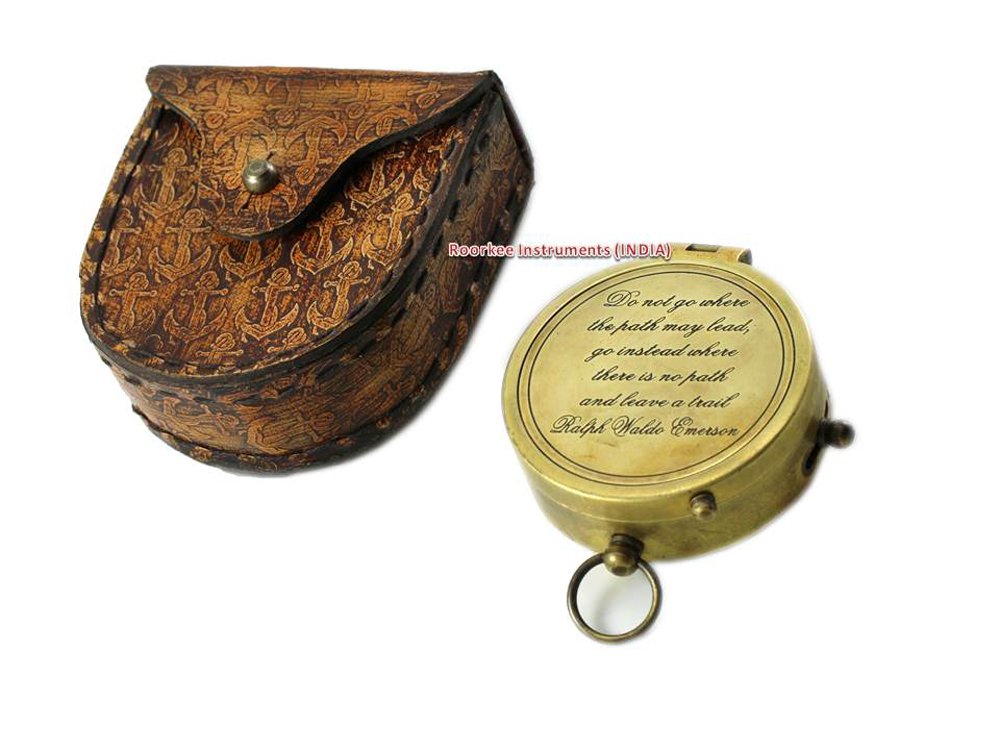 Roorkee Instruments (INDIA) Ralph Waldo Emerson Quote Solid Brass Compass with Anchor Embossed Leather Case