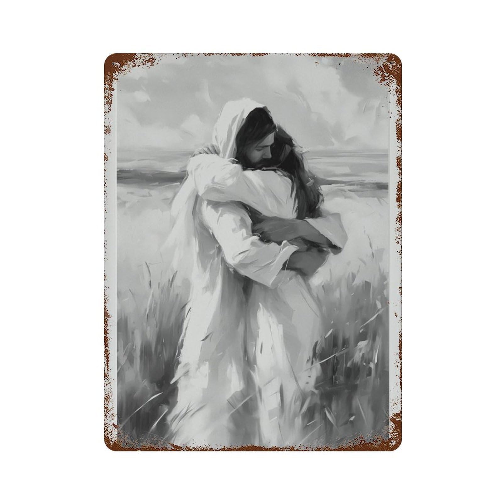xiaoxiaoshen Jesus Christ Hugging Woman ， Black And White Christian Wall Decor Art Metal Tin Poster Modern Home Decor Art Home Bar Shop Decorations Vintage Sign 40x30cm