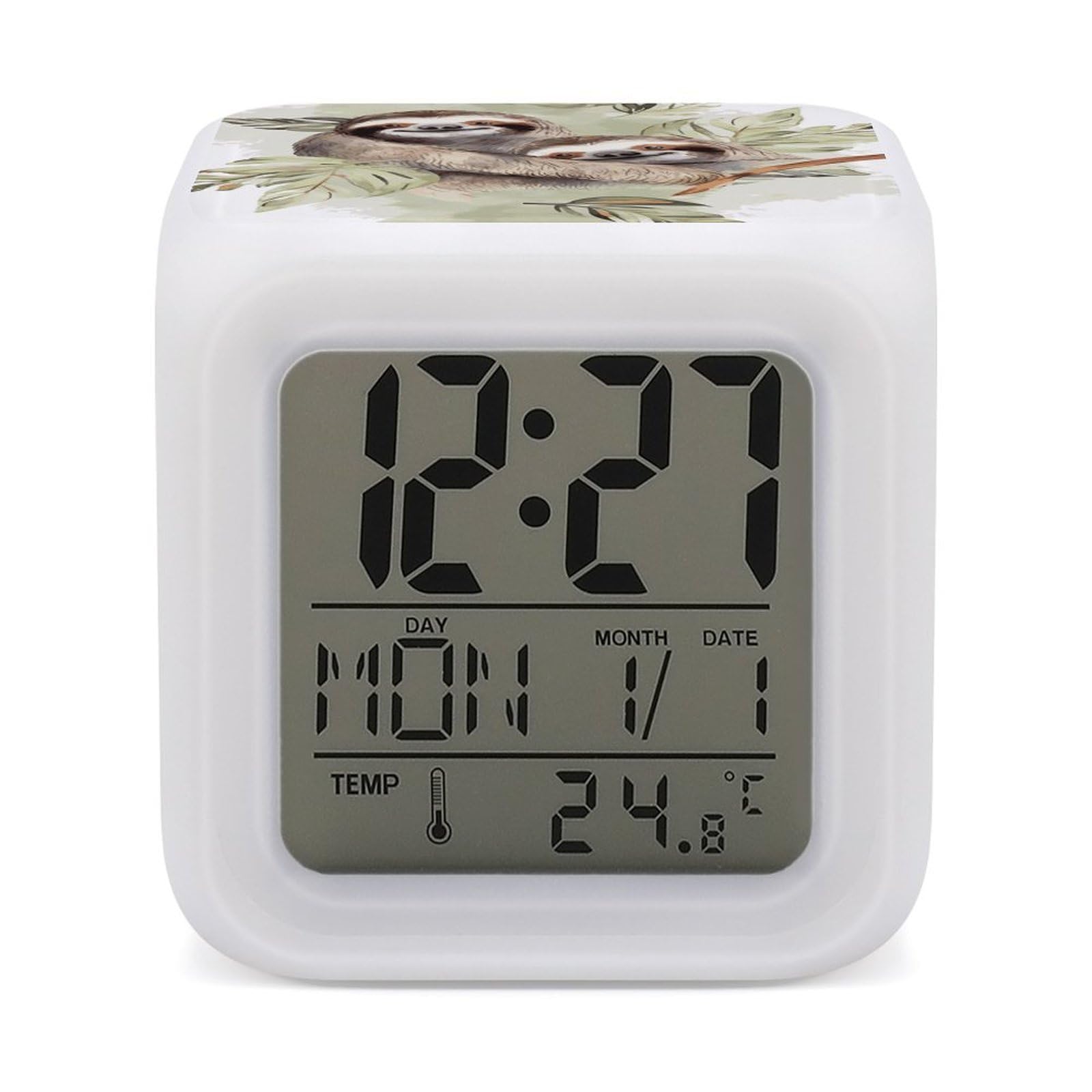 VstaDank Watercolor Sloth Alarm Clock with 7 Color Changing Night Light Date Temp Display Wake Clocks LED Display Digital Clock Electric Desk Clocks for Living Office Bedroom Decor