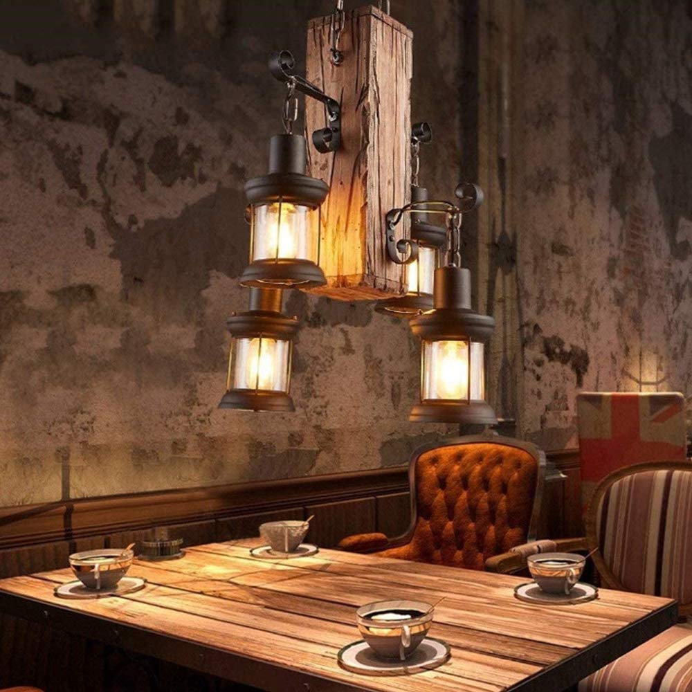 Vintage Pendellampe E27 Industrie Kronleuchter Retro Holz Pendelleuchte Antike Schwarz Eisen Glas Lampenschirm Höhenverstellbare Hängelampe Beleuchtung Loft Innen Esszimmer Wohnzimmer Deko Deckenlampe