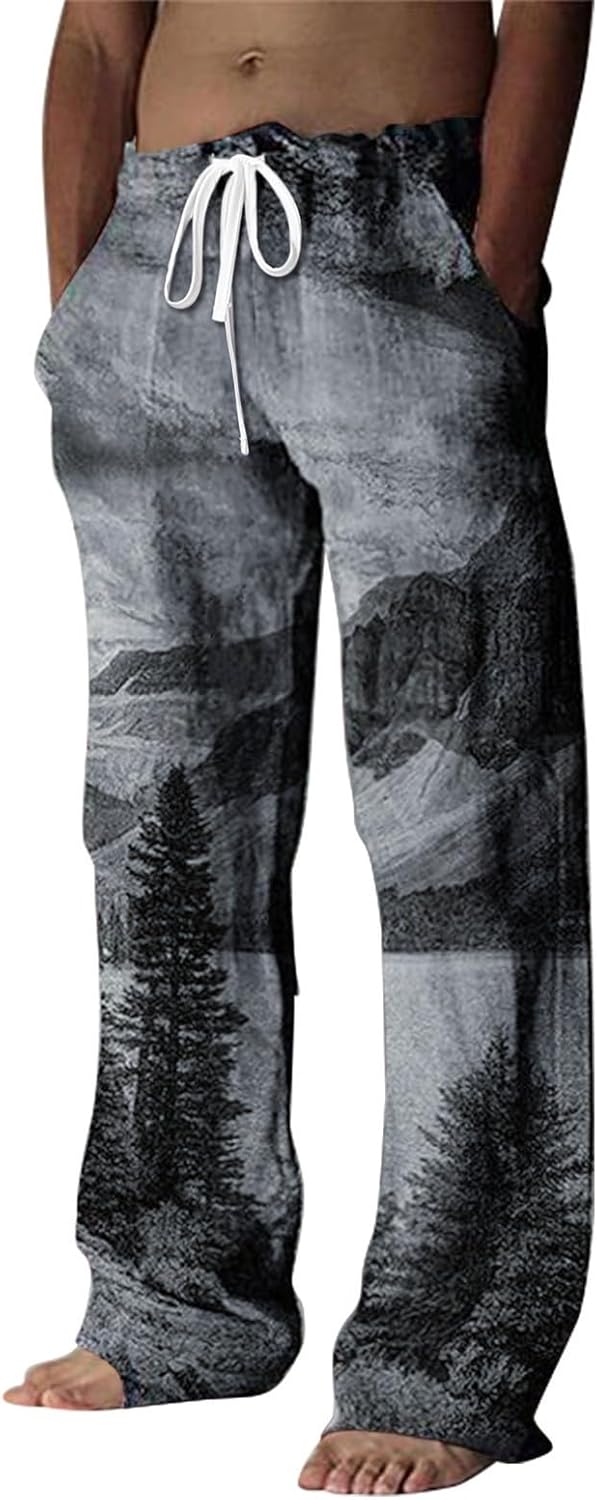 EMUKFD Mens Casual Linen Pants, Elastic Drawstring Waist Pants, Summer Yoga Beach Long Pants, Classic Lightweight Yoga Trousers, Athletic Sports Trousers for Men, Cotton Printed Lounge Pants