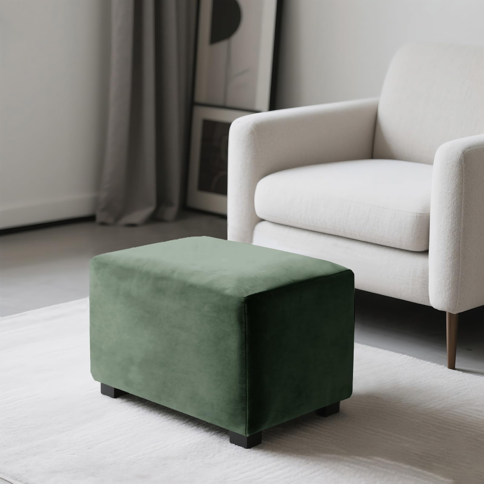 SYLC Ottoman Cover Stretch Velvet, Footstool Cover and Pouffe Cover Non-slip with Elastic Bottom/ties, Slipcover for Folding Storage Poofy Foot Stool (Mint green,Rectangular Ottoman)
