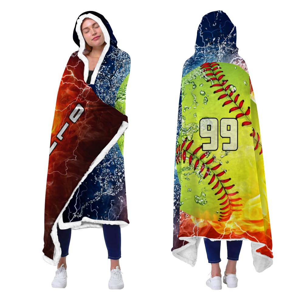 Personalized Fire & Water Softball Hooded Blanket, Softball Blanket Hooded, Softball Graduation Gifts Wearable Blanket Ultra-soft Warm Fleece Blanket With Hood, Sport Hooded Blanket for Kids Adults